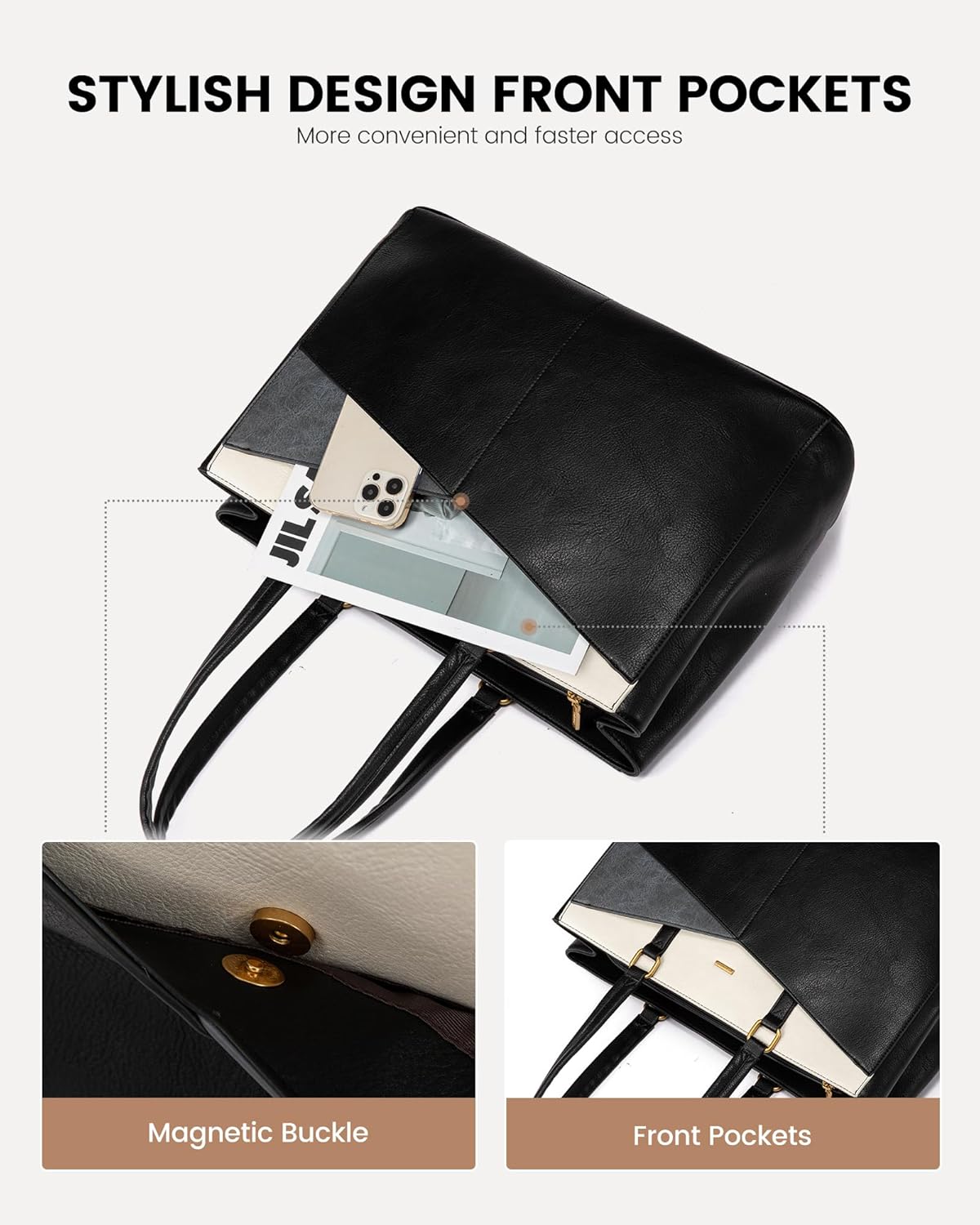 LOVEVOOK Women's Vintage Leather Work Tote, 15.6 Inch Laptop Bag - Waterproof Business Bag, Black & White & Gray
