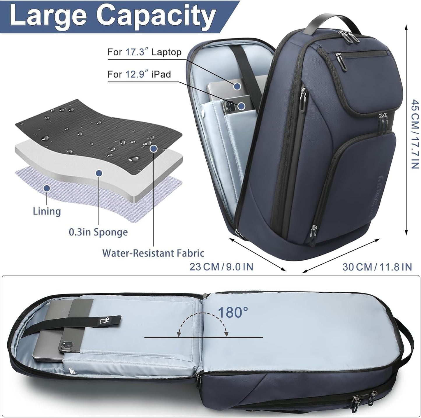hk Business Smart Backpack for Men Anti-Theft for 17.3 Inch Laptop with USB Charging Port