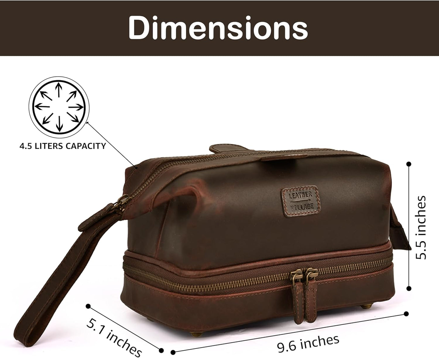 LEATHER VILLAGE Genuine Leather Dopp Kit – Large Travel Toiletry Bag with Waterproof Lining