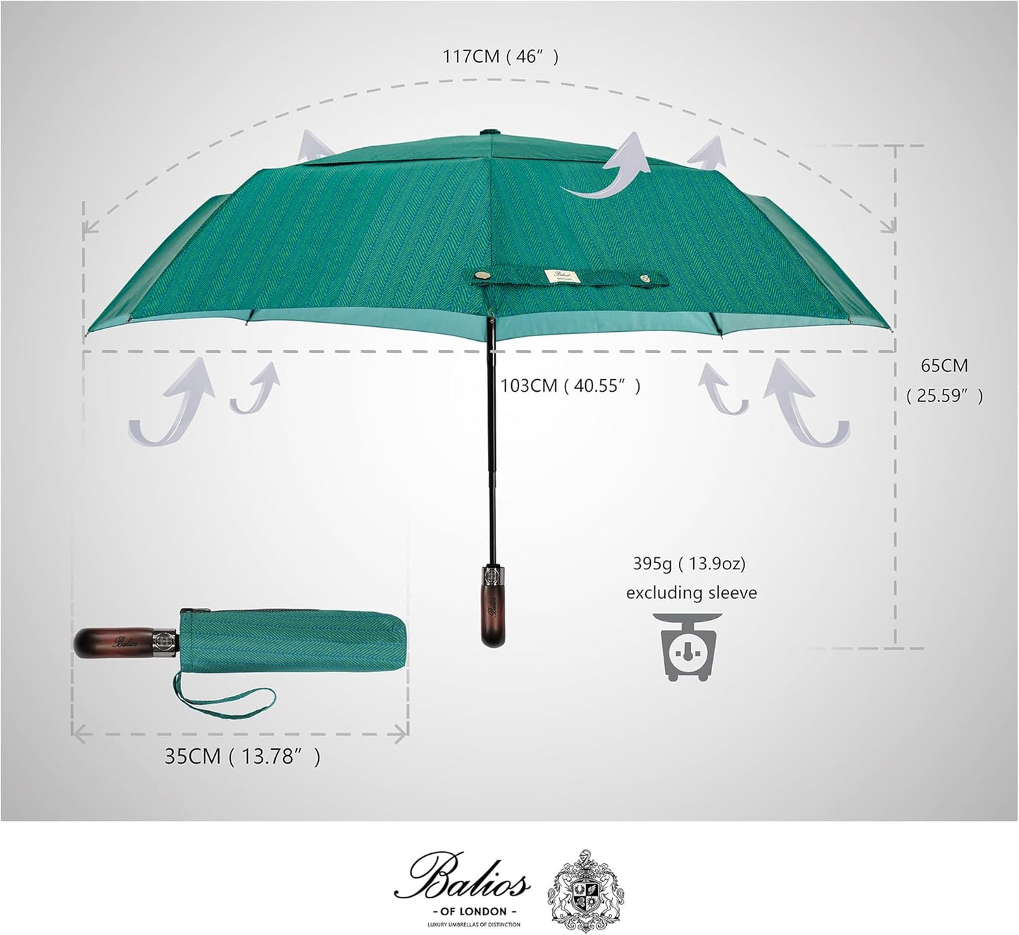 Balios Travel Folding Umbrella with Real Wood Handle Auto Open Close Vented Windproof Canopy