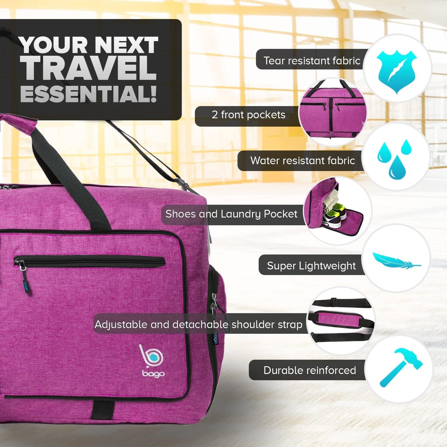 Bago Large Foldable Duffel Bags for Traveling Women & Men - 80L Packable Duffle Bag for Travel with Shoe Compartment - Water Repellant, Heavy Duty, Lightweight Folding & Collapsible (SnowPink)