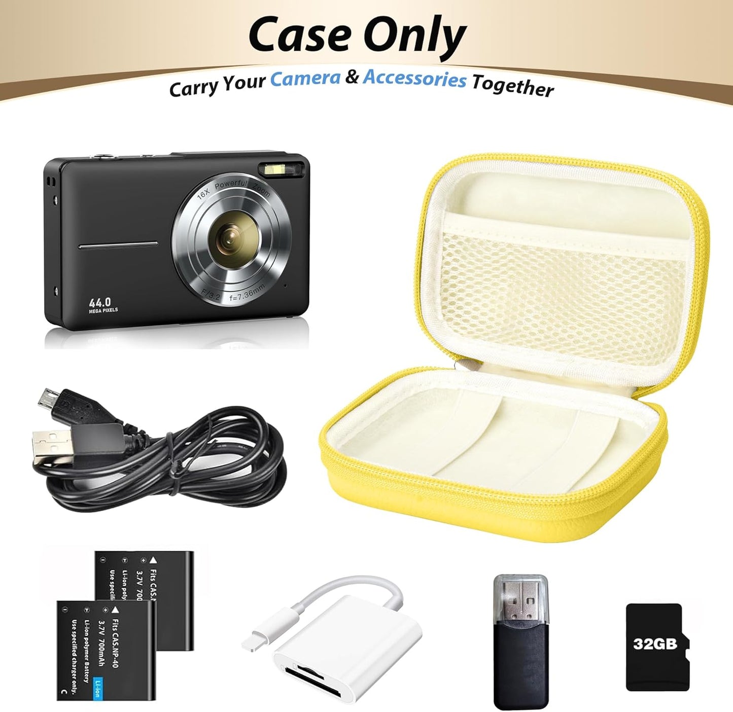 Digital Camera Case for CAMKORY, KODAK PIXPRO FZ45/FZ55, Canon IXUS 285 HS, Lecran, Small Travel Compact Camera Holder with Mesh Pocket for Accessories SD Card (Lemon Yellow)