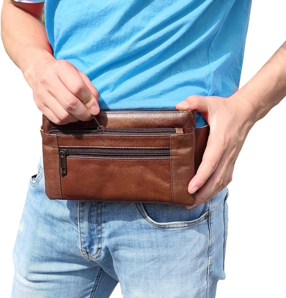 Hebetag Leather Waist Pack Fanny Bag for Men Women Running Travel Hiking Hip Bum Belt Slim Cell Phone Purse Wallet Vintage Retro Crossbody Sling Pouch (Brown)