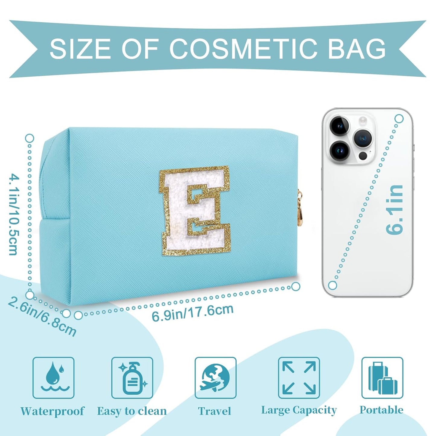 Small Personalized Initial A-Z Preppy Patch Makeup Bag,PU Chenille Letter Travel Cosmetic Pouch with Zipper,Blue Cute Toiletry Bag,Gift Ideal for Teen Girls Women Teacher Bridesmaid,Letter E