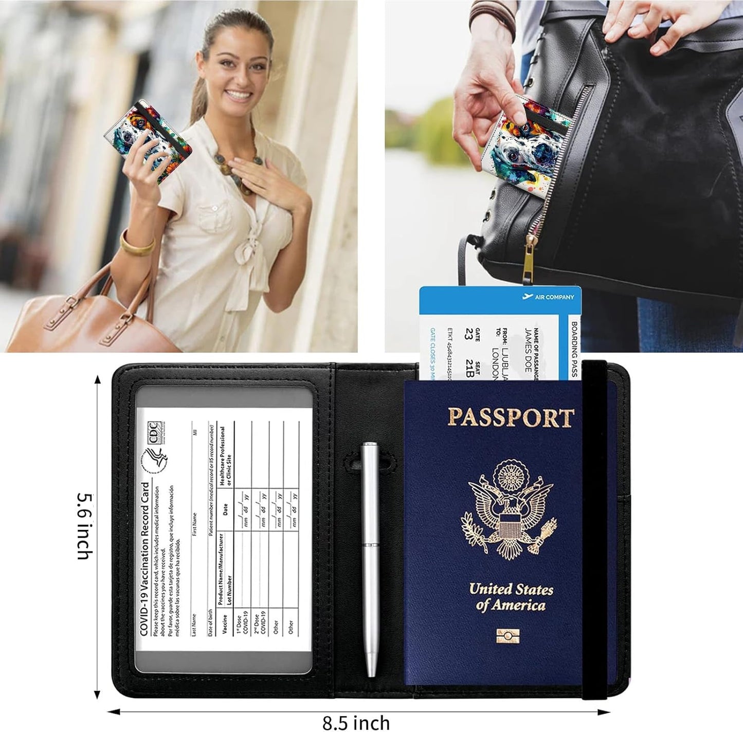 Passport and Vaccine Card Holder Cover Combo,Travel Passport Holder Wallet with RFID Blocking, Leather Vaccine Card Slot Passport Cover Case for Women & Men,Dalmatian Dog with Flowers