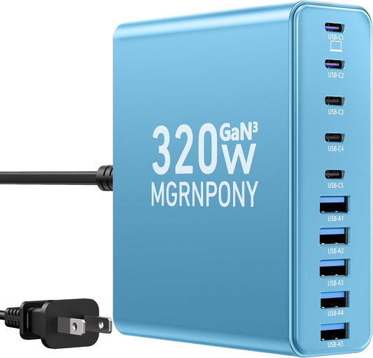 320W USB C Charger Block, 10-Port USB C Charging Station GaN III PD 65W PC Laptop Fast Charger Adapter for MacBook Pro/Air, DELL, iPad, iPhone, Samsung Galaxy (Light Blue)