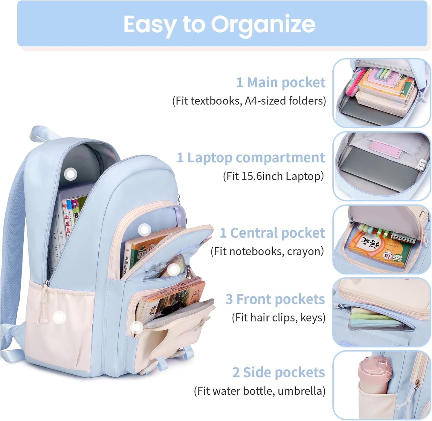Tanou School Backpacks for Girls, Kawaii Kids School Bag with Pendant, Elementary Primary Middle School Lightweight 20L, Blue