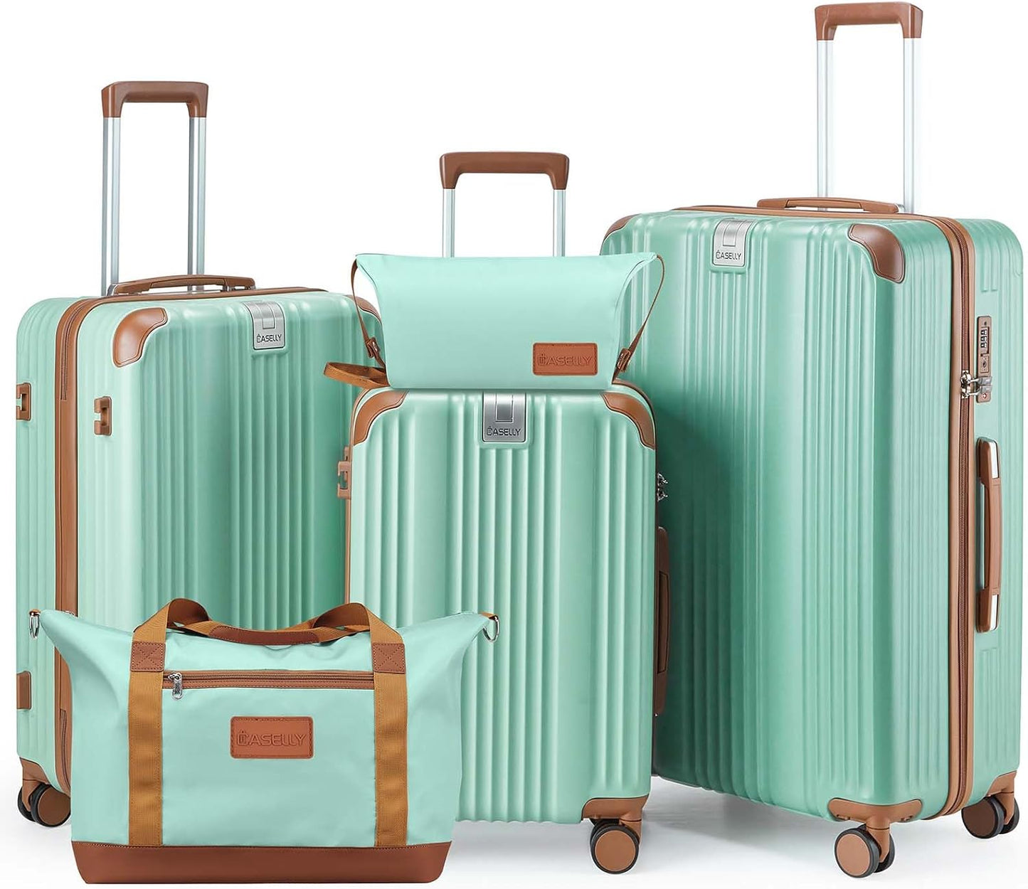 Luggage Set 3 Piece Luggage with PC+ABS Hardshell TSA Lock Spinner Wheels Carry on Lightweight Suitcase，Cup Holder,YKK Zippers (Green, 5 piece sets(20/24/28/DB/TB))