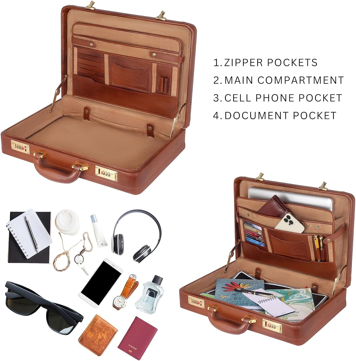 Full Grain Leather Briefcase Attache Case For Unisex Size L18 x W5 x H12 Inches Expandable