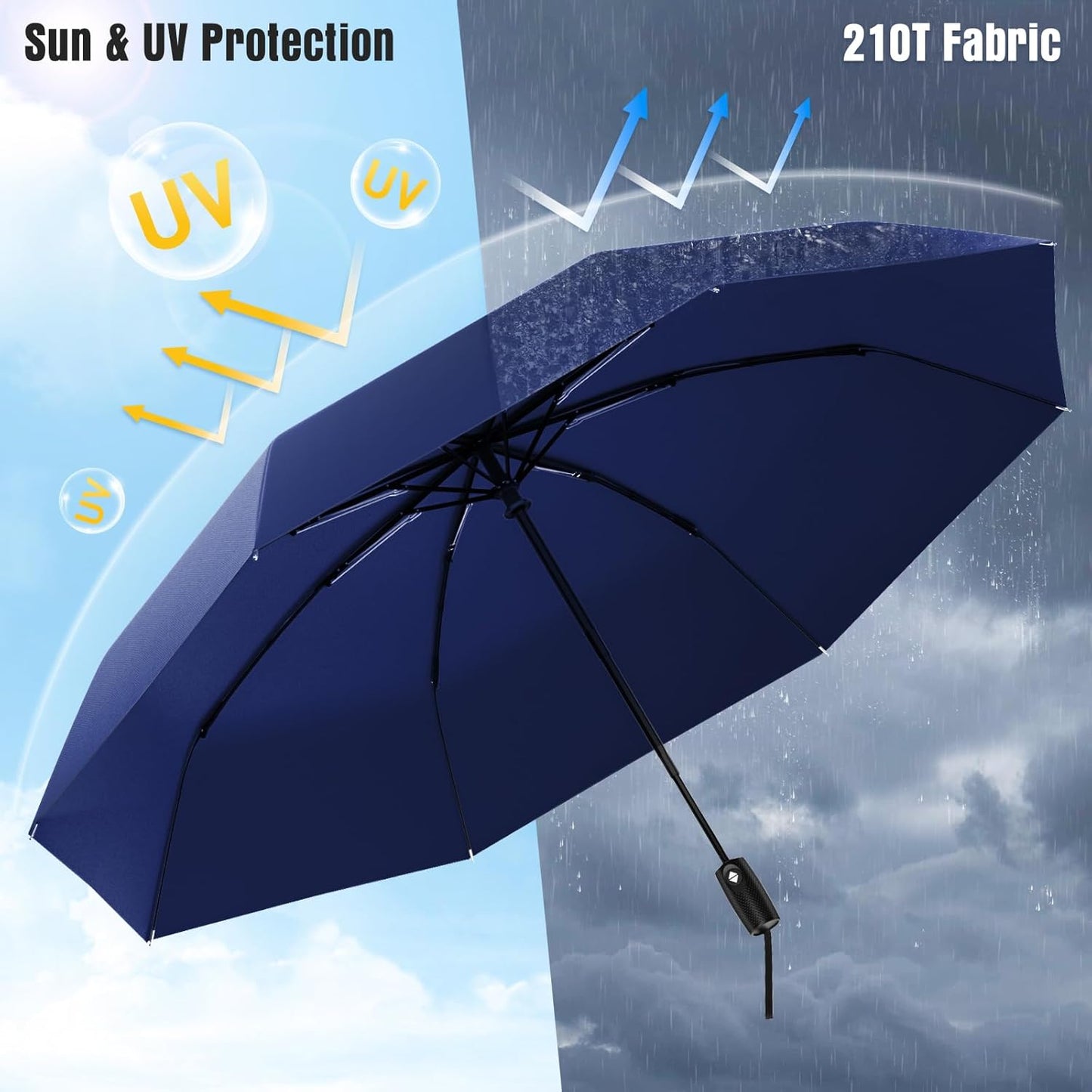 Windproof Travel Umbrella, Compact Umbrella, Car Umbrellas for Rain & Sun, 8 Fiberglass Ribs for