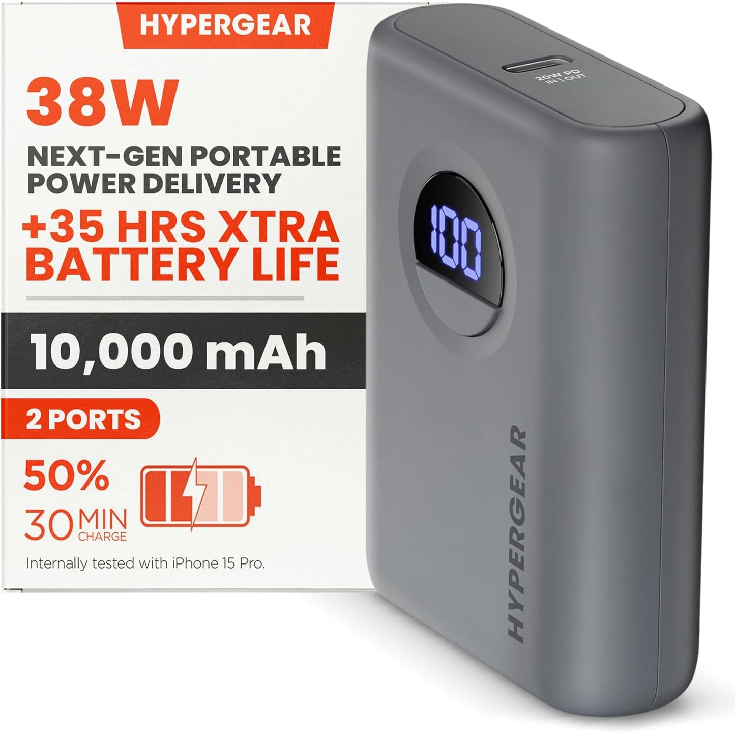 HyperGear Travel Portable Charger Power Bank Pro+, 10,000mAh, 20W USB-C PD Battery Pack Charger, Portable Power Bank Fast Charging Ports, LED Cell Phone Travel Battery Pack Powerbank for iPhone & More