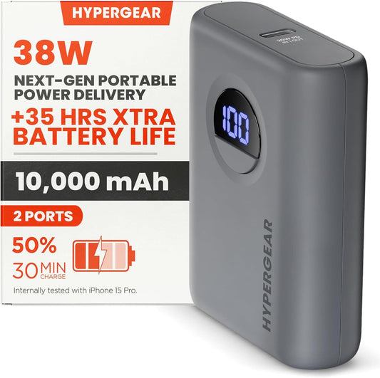HyperGear Travel Portable Charger Power Bank Pro+, 10,000mAh, 20W USB-C PD Battery Pack Charger, Portable Power Bank Fast Charging Ports, LED Cell Phone Travel Battery Pack Powerbank for iPhone & More