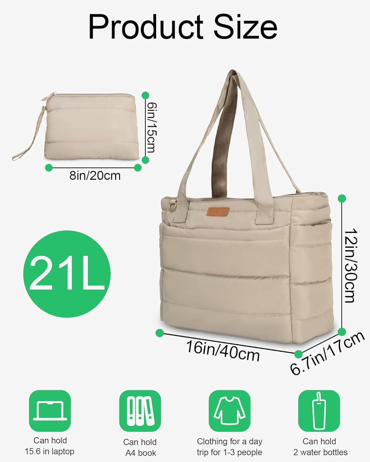 Tote Bag for Women, Quilted Puffer Work Bag for Nurse with 16" Laptop Pocket, Puffy Travel Shoulder Bag for School Gym