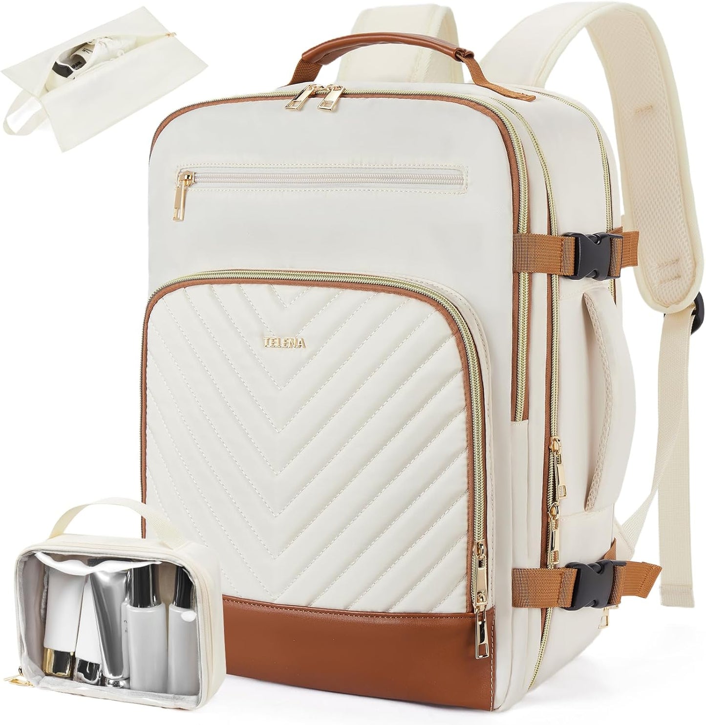 Telena Travel Backpack for Women, 17.3 inch Laptop TSA Carry On Personal Item Size Flight Approved Travel Bag Daypack with Multi-Pockets for Work, Travel, Business, Beige-Brown