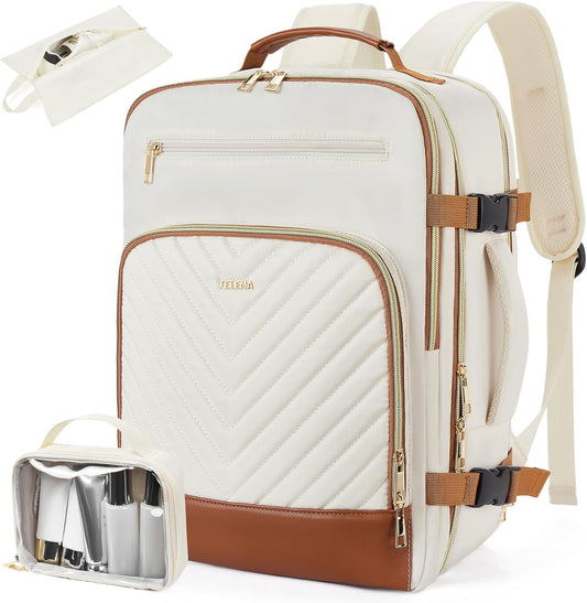 Telena Travel Backpack for Women, 17.3 inch Laptop TSA Carry On Personal Item Size Flight Approved Travel Bag Daypack with Multi-Pockets for Work, Travel, Business, Beige-Brown