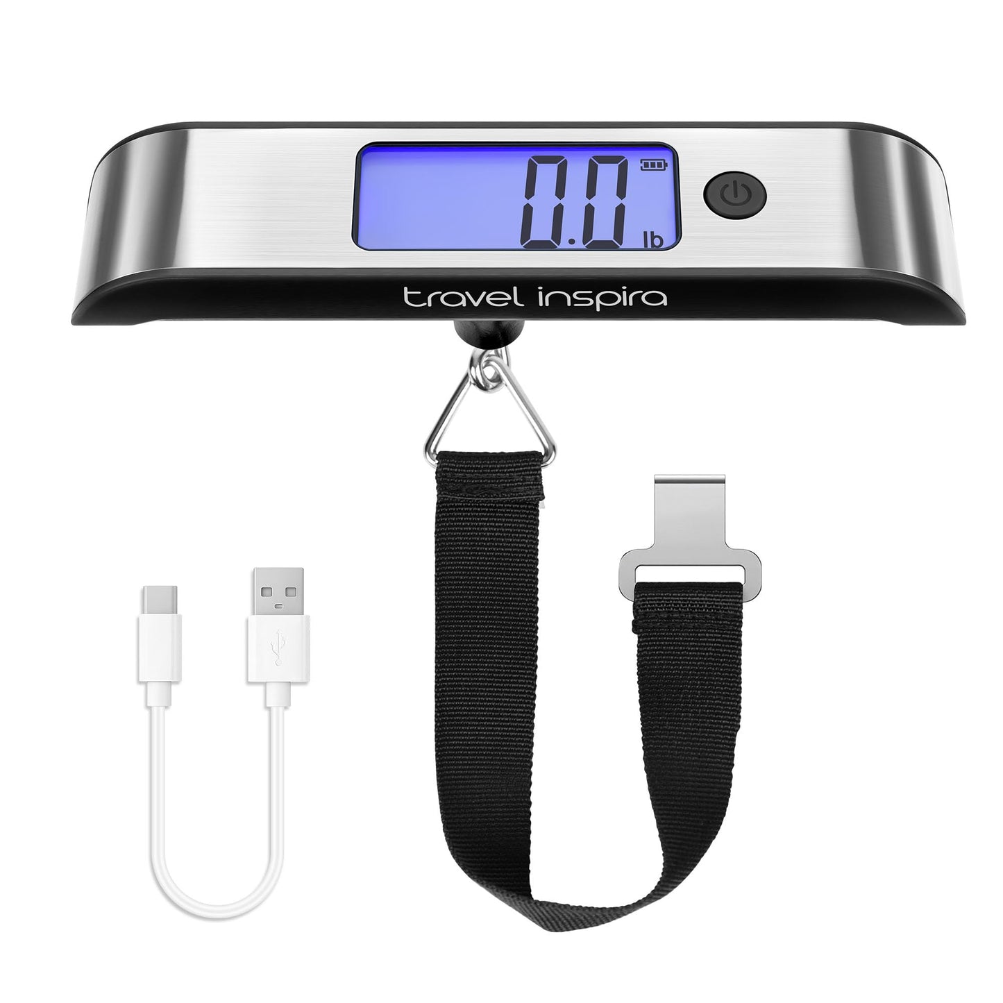 travel inspira Rechargeable Luggage Scale 110lb/50kg - Large Backlit Display - Stainless Steel
