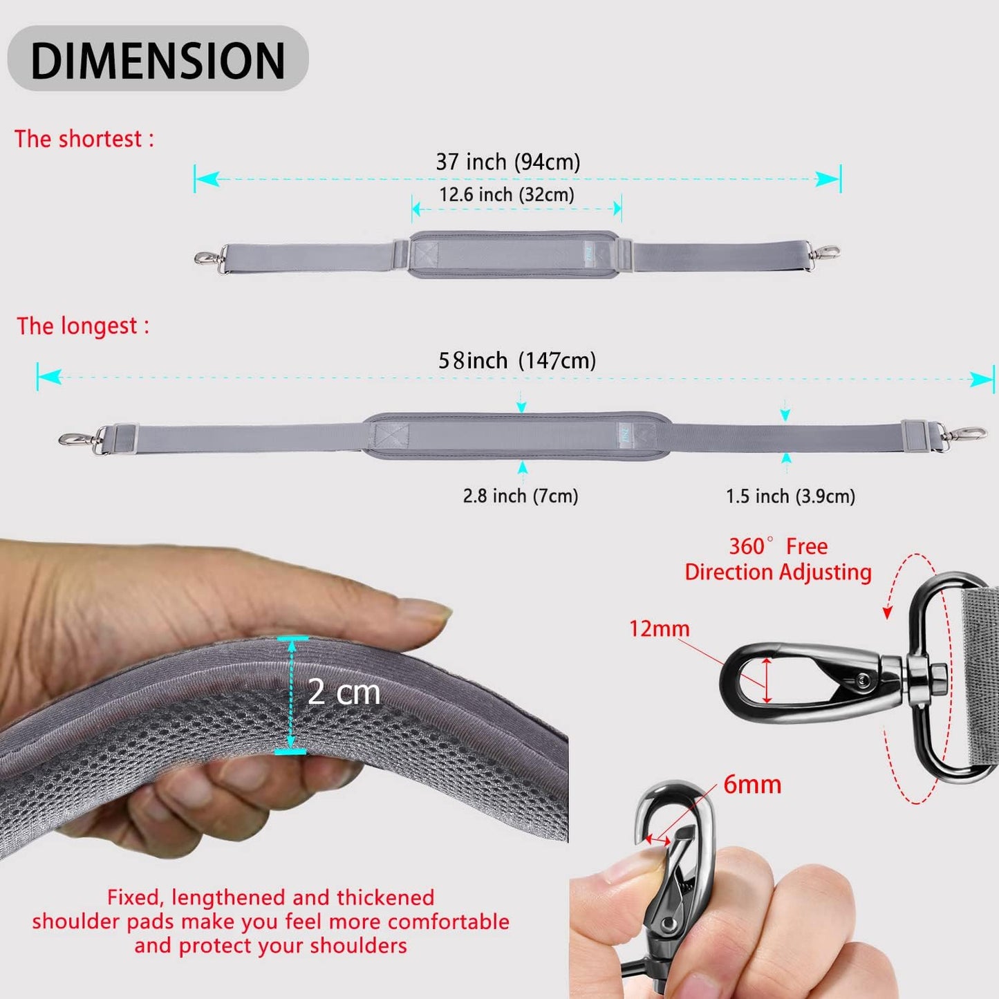 ZINZ Shoulder Strap 58" Ultra-Thick Fixed Padded and Adjustable Buckles Crossbody Strap for Briefcase Laptop Bag Luggage