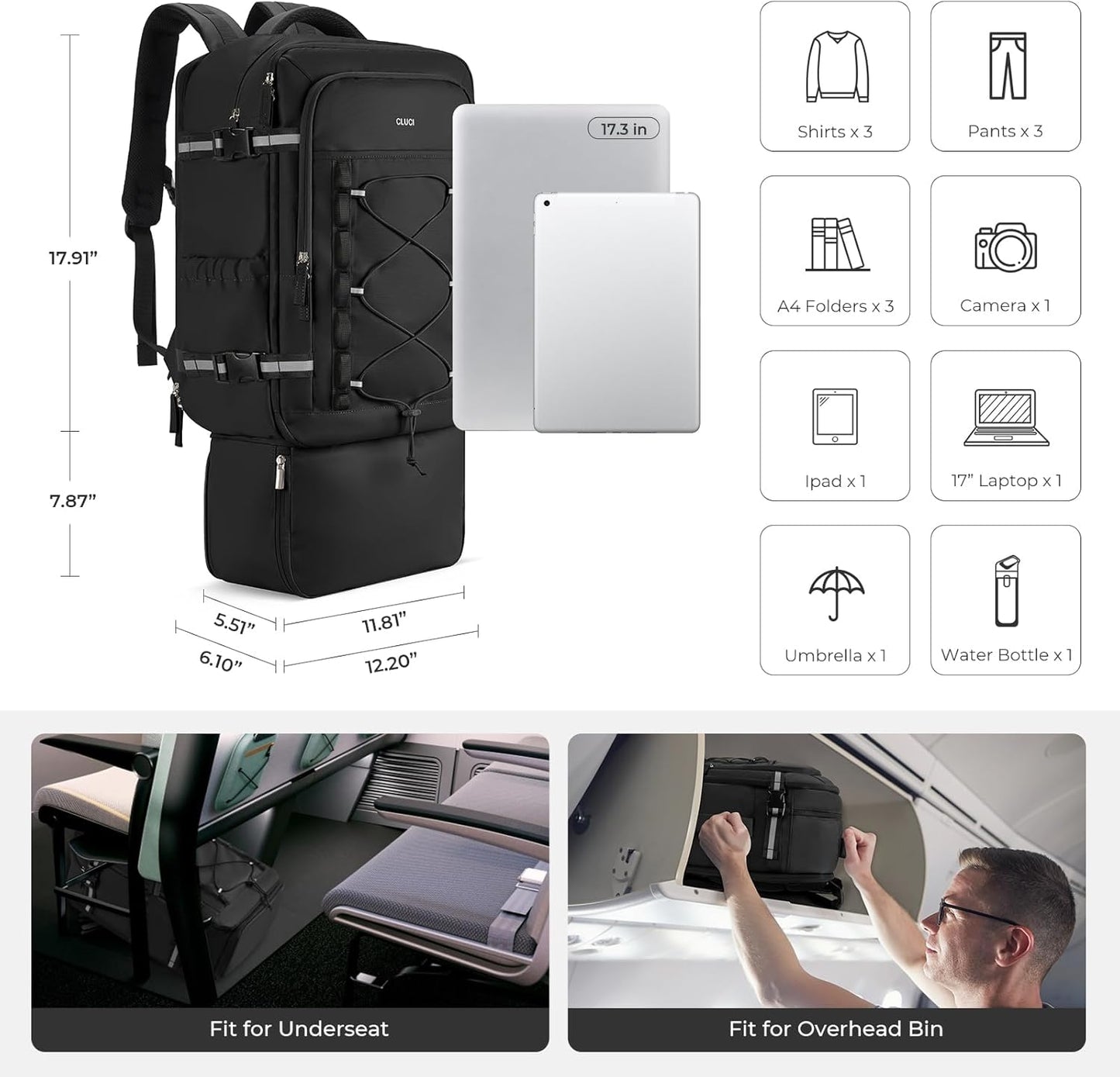 CLUCI Travel Backpack 30L, Waterproof Laptop Backpack Fits 17.3 Inch Laptop, Carry On Backpack with shoe compartment, Durable Expandable Go Bag, Large Hiking Backpack for Men Women（Black）
