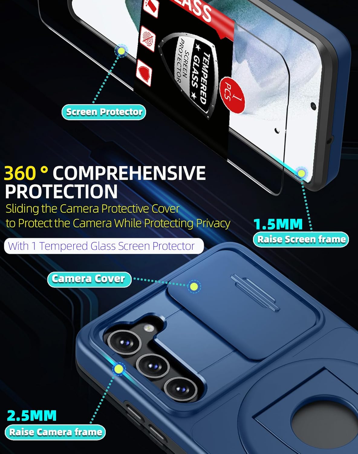 for Samsung Galaxy S21 Plus Case Magnetic Compatible with MagSafe Wireless Charging,with Screen Protector,for S21+Plus Case with Stand Ring+Camera Cover Shockproof Heavy Duty Protection Blue