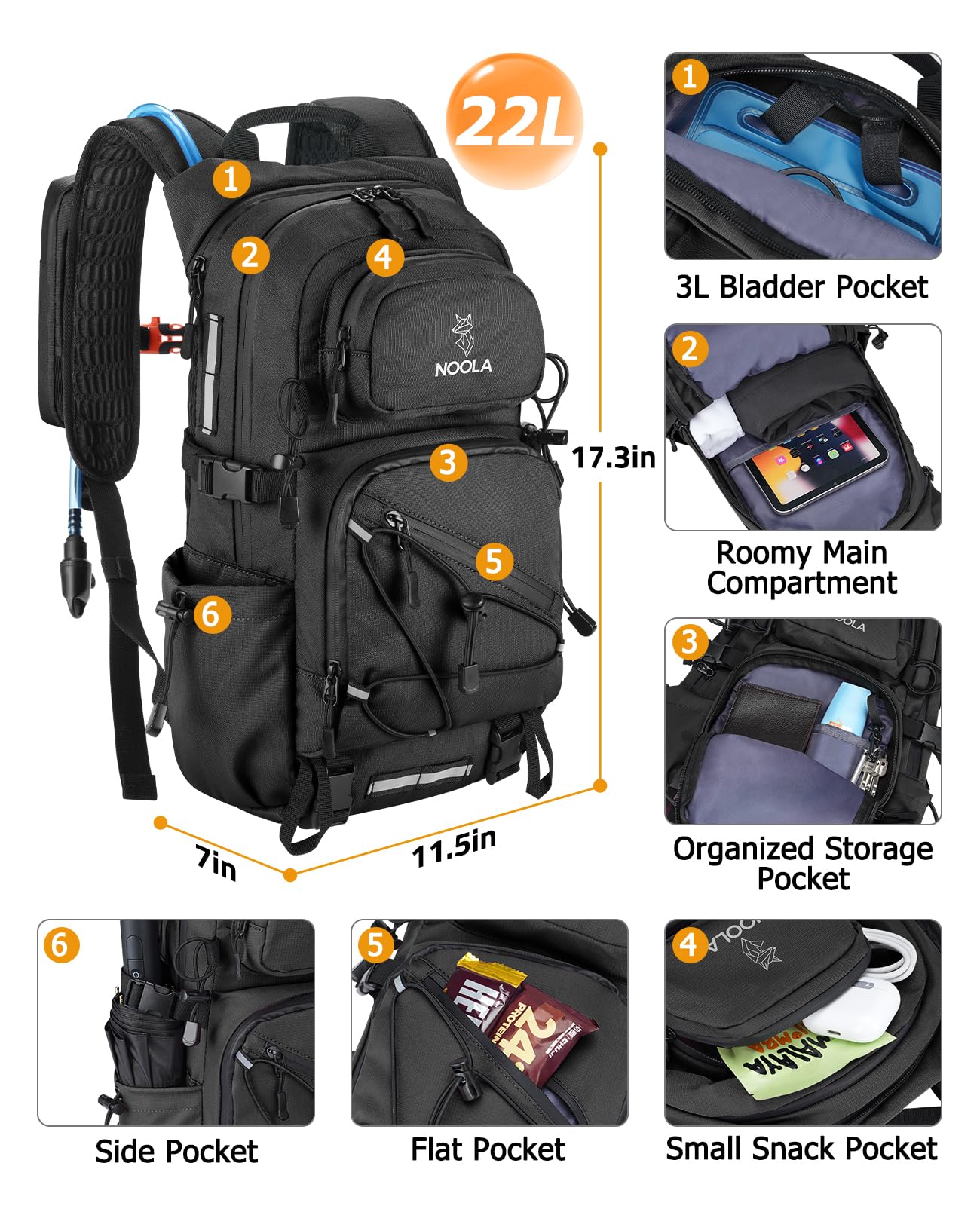 NOOLA Hydration Hiking Backpack with 3L Water Bladder - 22L Water Backpack for Cycling, Running