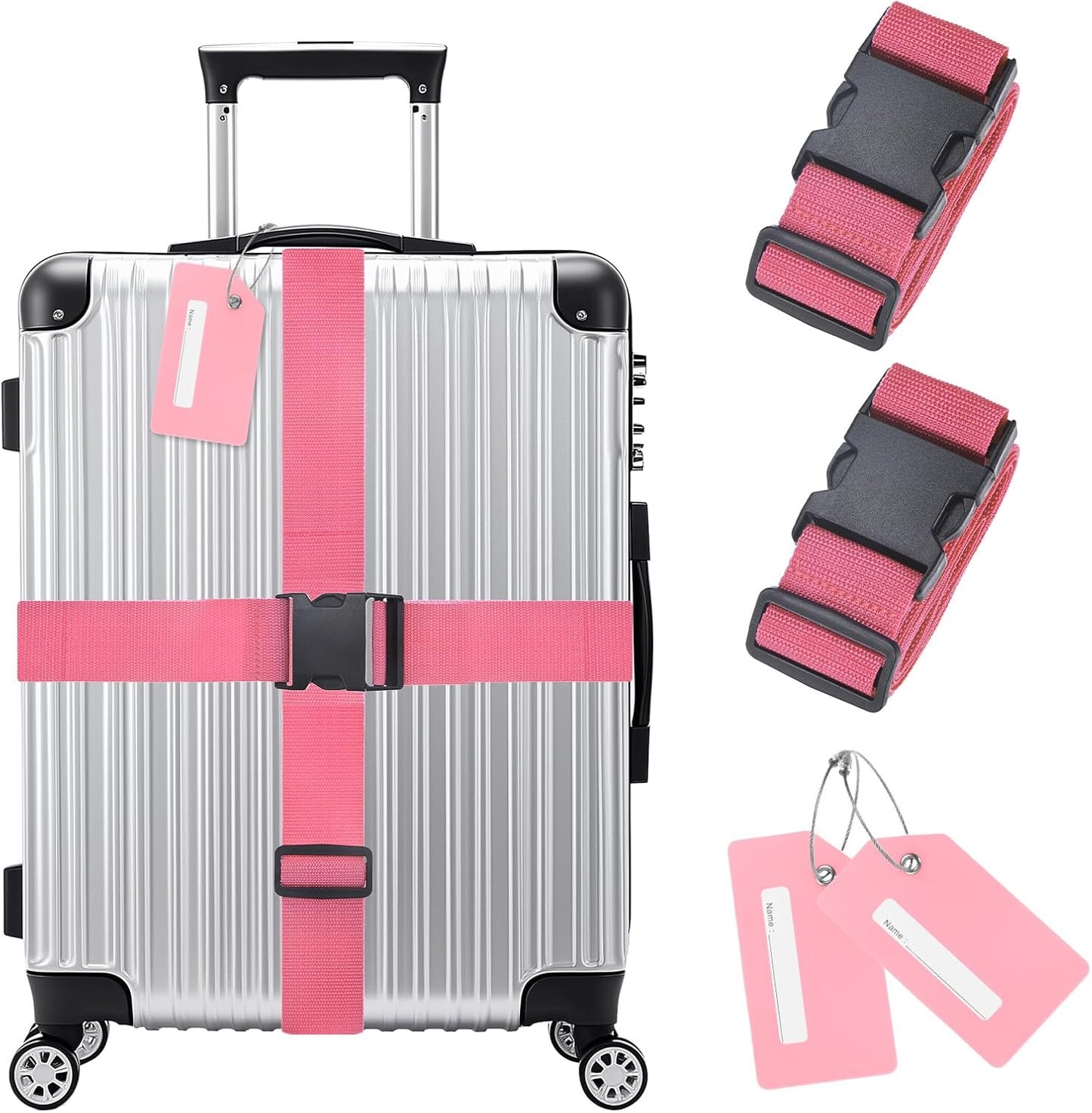 2-Sets Luggage Straps TSA Approved, Travel Straps for Luggage Suitcase Tags Set, Adjustable Suitcase Belt [Pink]
