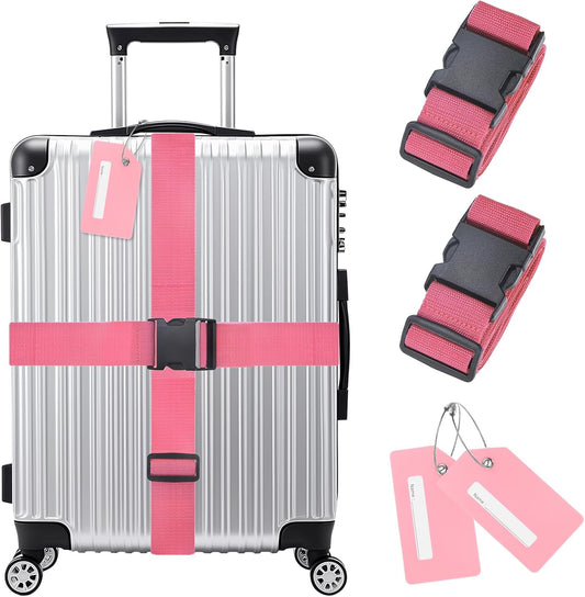 2-Sets Luggage Straps TSA Approved, Travel Straps for Luggage Suitcase Tags Set, Adjustable Suitcase Belt [Pink]
