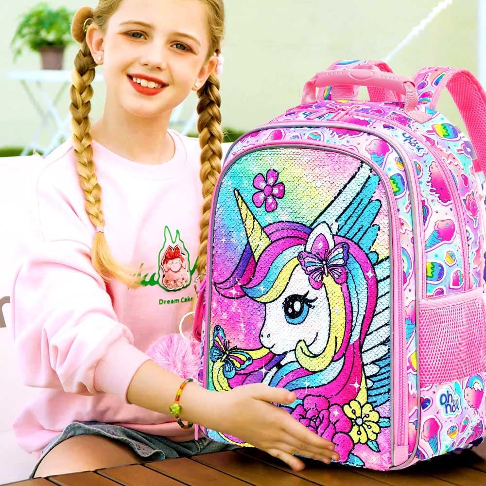3PCS Unicorn Backpack for Girls, 16" Sequins Bookbag with Lunch Box，Kids School Bags for Elementary Preschool Kindergarten (Pink)
