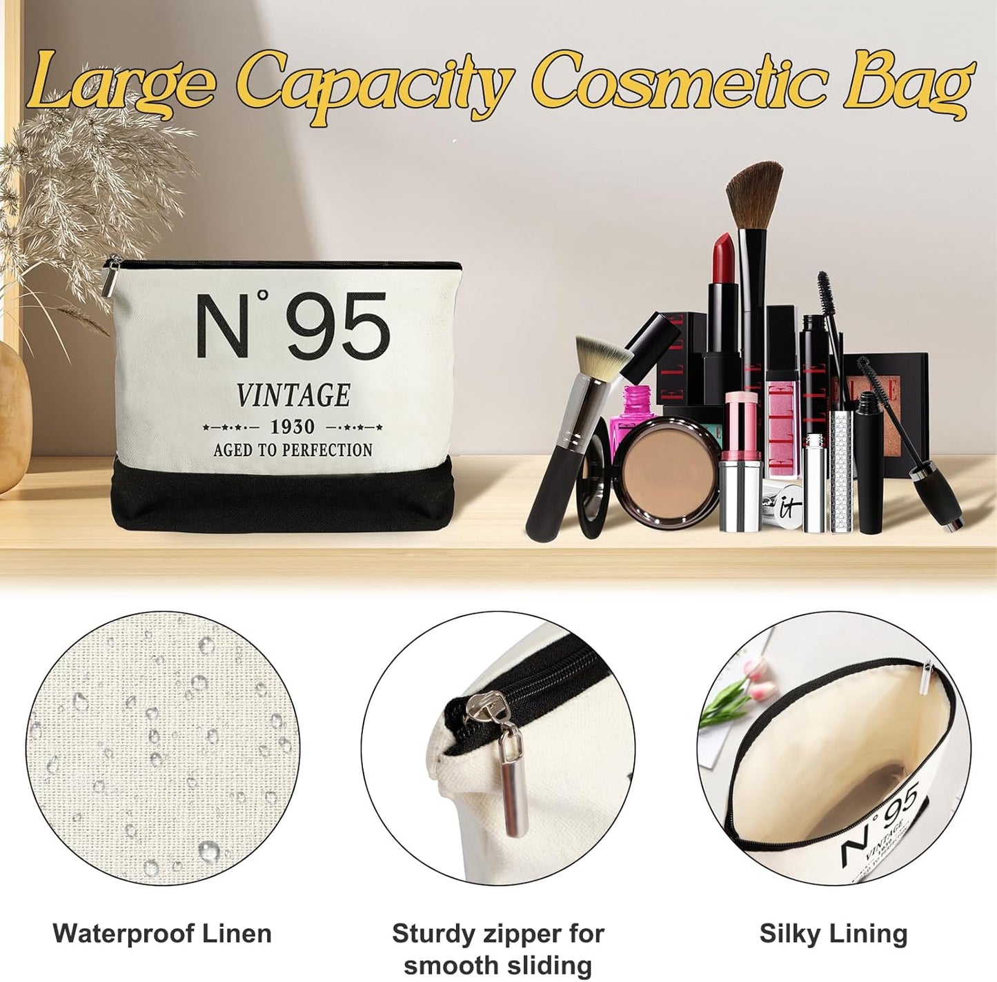 95th Birthday Gifts for Women Canvas Tote Bag Travel Gear,Unique 95 Years Old Gifts for Wife Mom Sister Aunt Friends Her, Vintage N°95 Handbag & Cosmetic Bag & Back in 1930 Poster