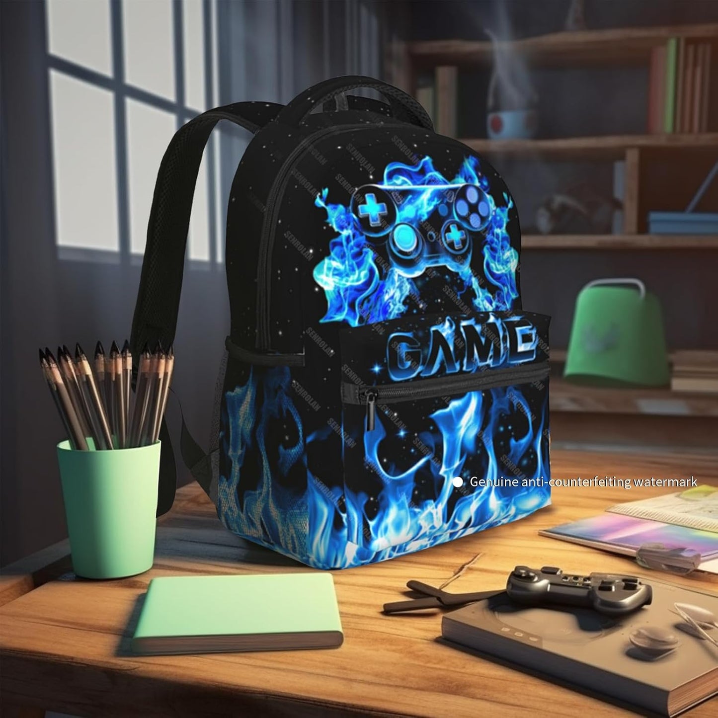 School Backpack For Boys Blue Gamepad Boy Backpack For Kids Children Teens Elementary Middle School Fire Boys Backpacks Ages 6-18 Video Games Bookbag back pack for Adults Teens Boy