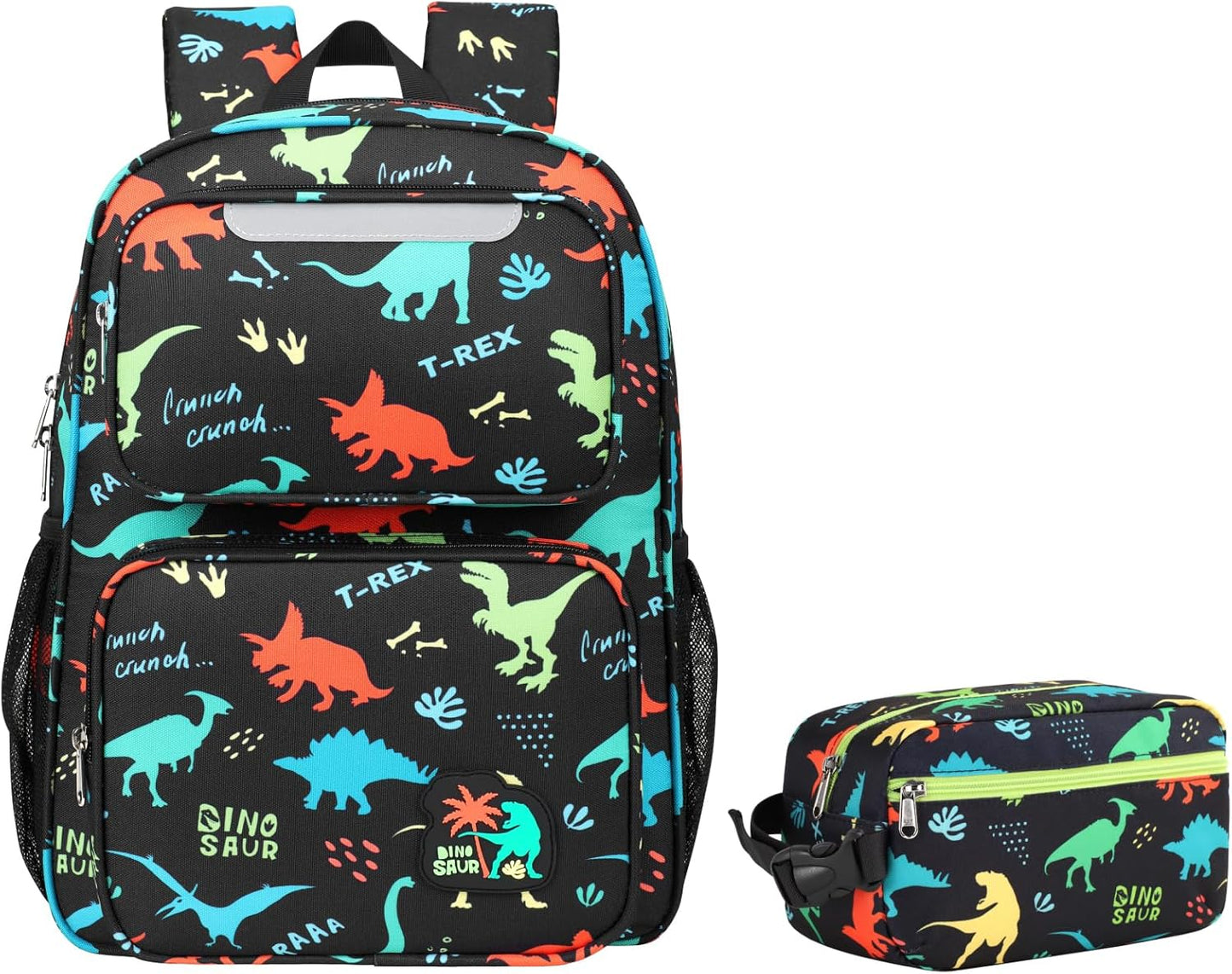 Kids Backpack with Insulated Snack Bag - 15 Inch Backpack for Boys 3 to 8, Lightweight Bookbag for Preschool Kindergarten Elementary School, Safe Reflective Stripe, Black Dinosaur