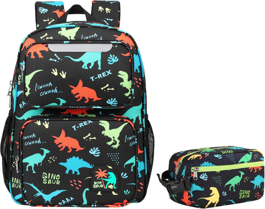 Kids Backpack with Insulated Snack Bag - 15 Inch Backpack for Boys 3 to 8, Lightweight Bookbag for Preschool Kindergarten Elementary School, Safe Reflective Stripe, Black Dinosaur