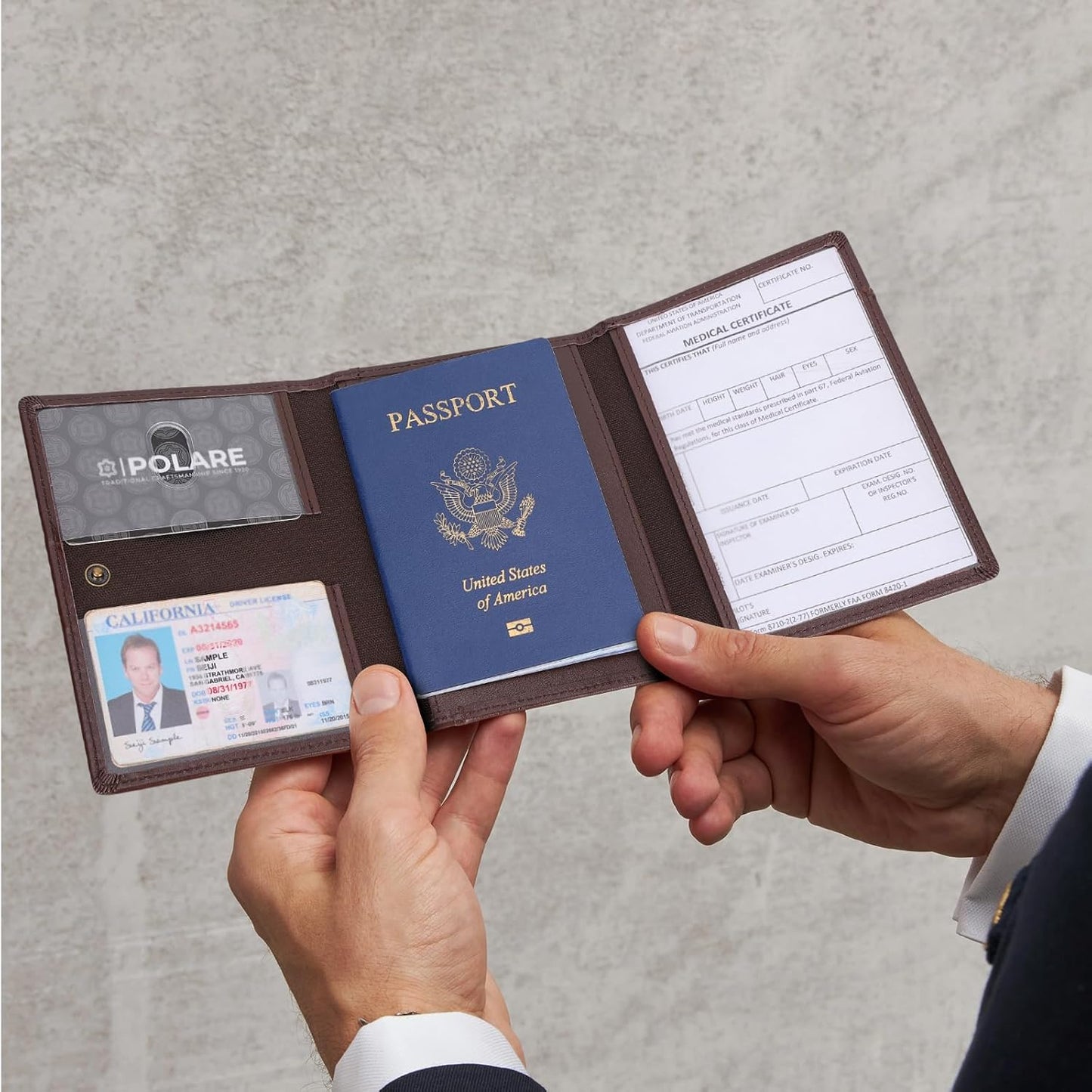 Polare Napa Leather Pilot Wallet Passport Holder RFID Blocking Tri-fold Travel Cover Document