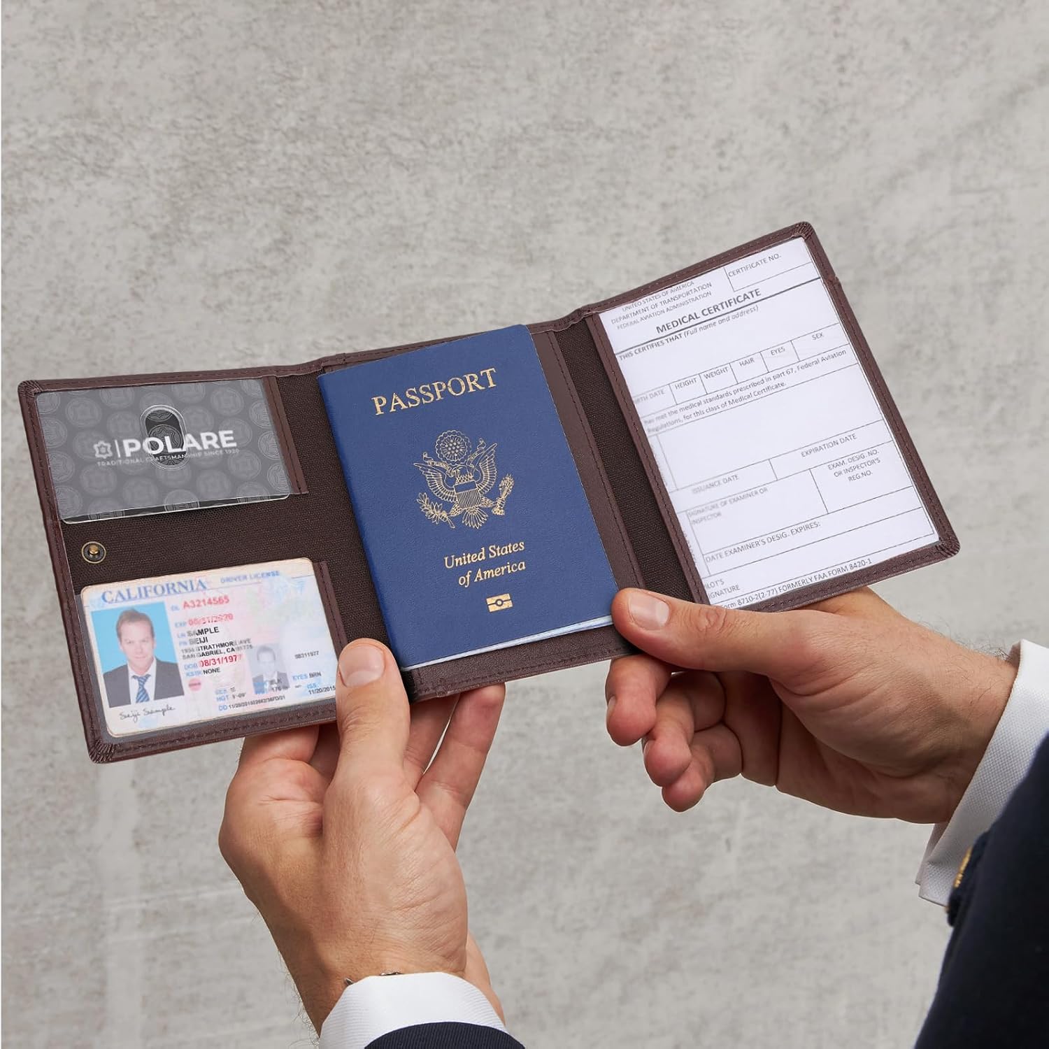Polare Napa Leather Pilot Wallet Passport Holder RFID Blocking Tri-fold Travel Cover Document