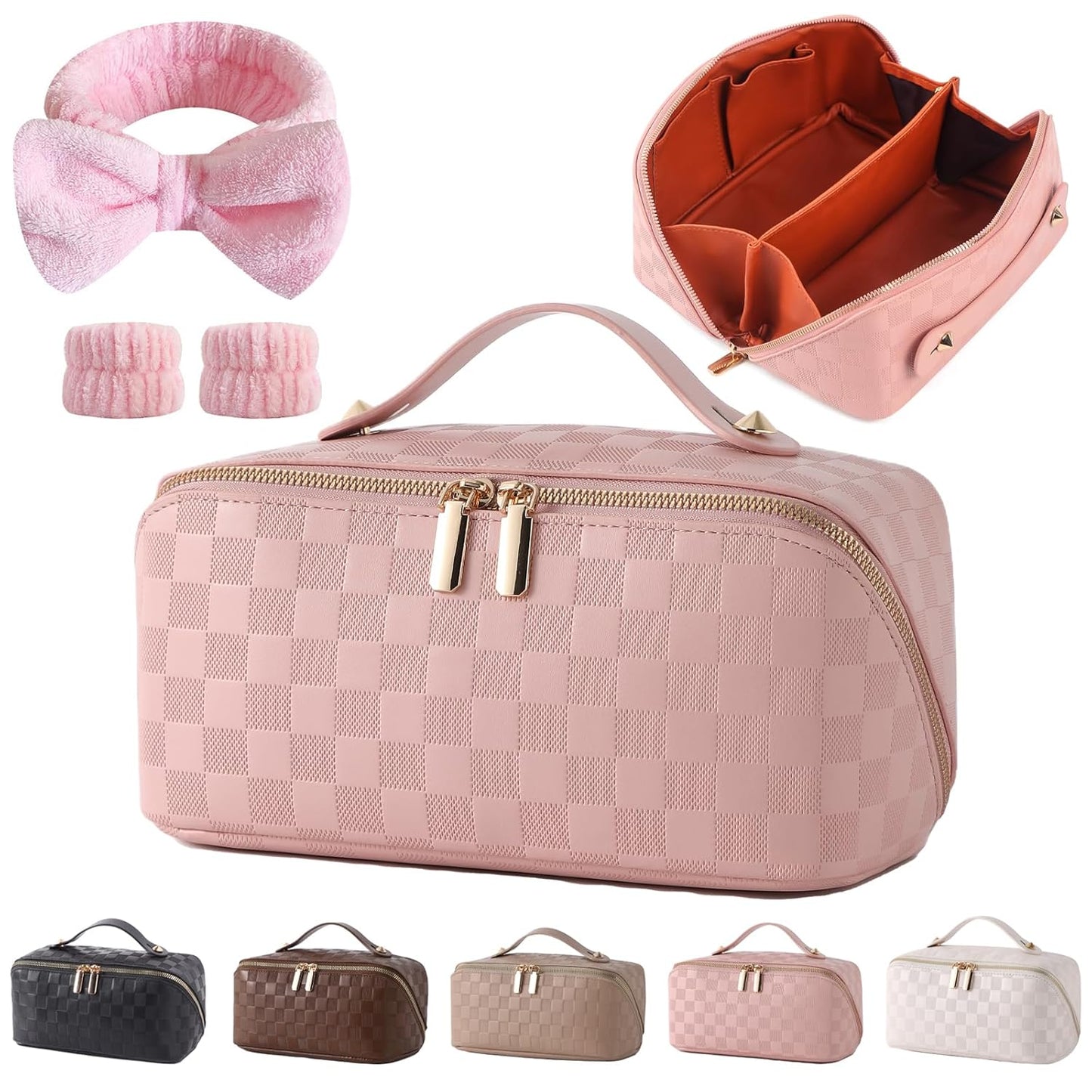 Travel Makeup Bag Travel Toiletry Bag Waterproof PU Leather Checkered Makeup Organizer Bag Woman Cosmetic Organizer Bag With Headband and Wristband Set(Pink, Checkerboard pattern)