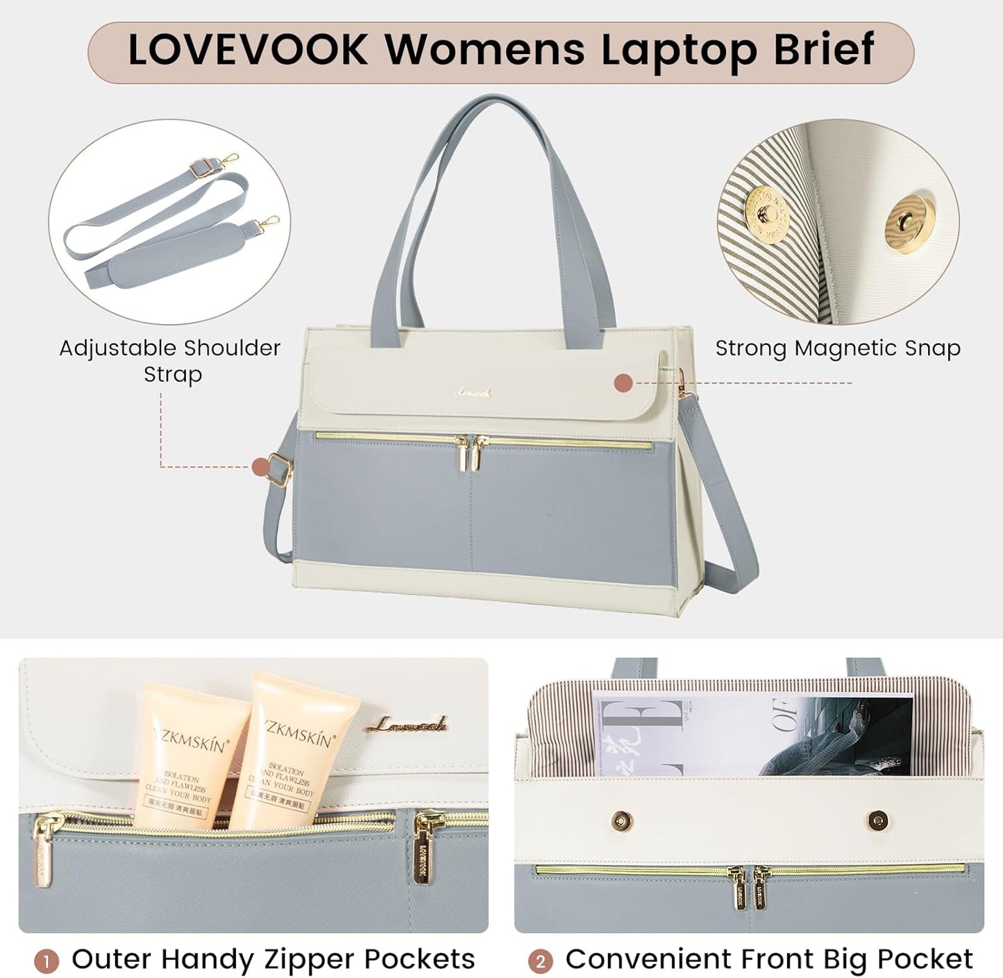 LOVEVOOK Laptop Tote for Women - 15.6 Inch Professional Leather Computer Briefcase - Waterproof, Large Capacity Business Teacher Office Bag - Crossbody Purse