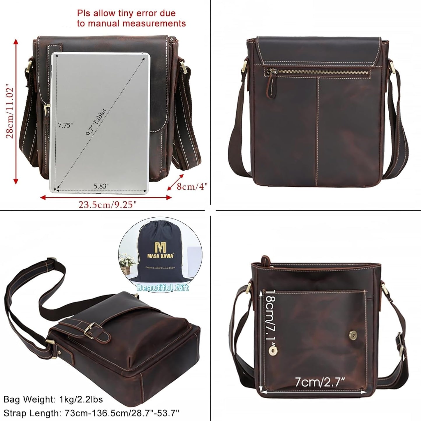 Masa Kawa Leather Messenger Bag Small Crossbody Shoulder Bag for Men Women Flap Over Man Purse Fits