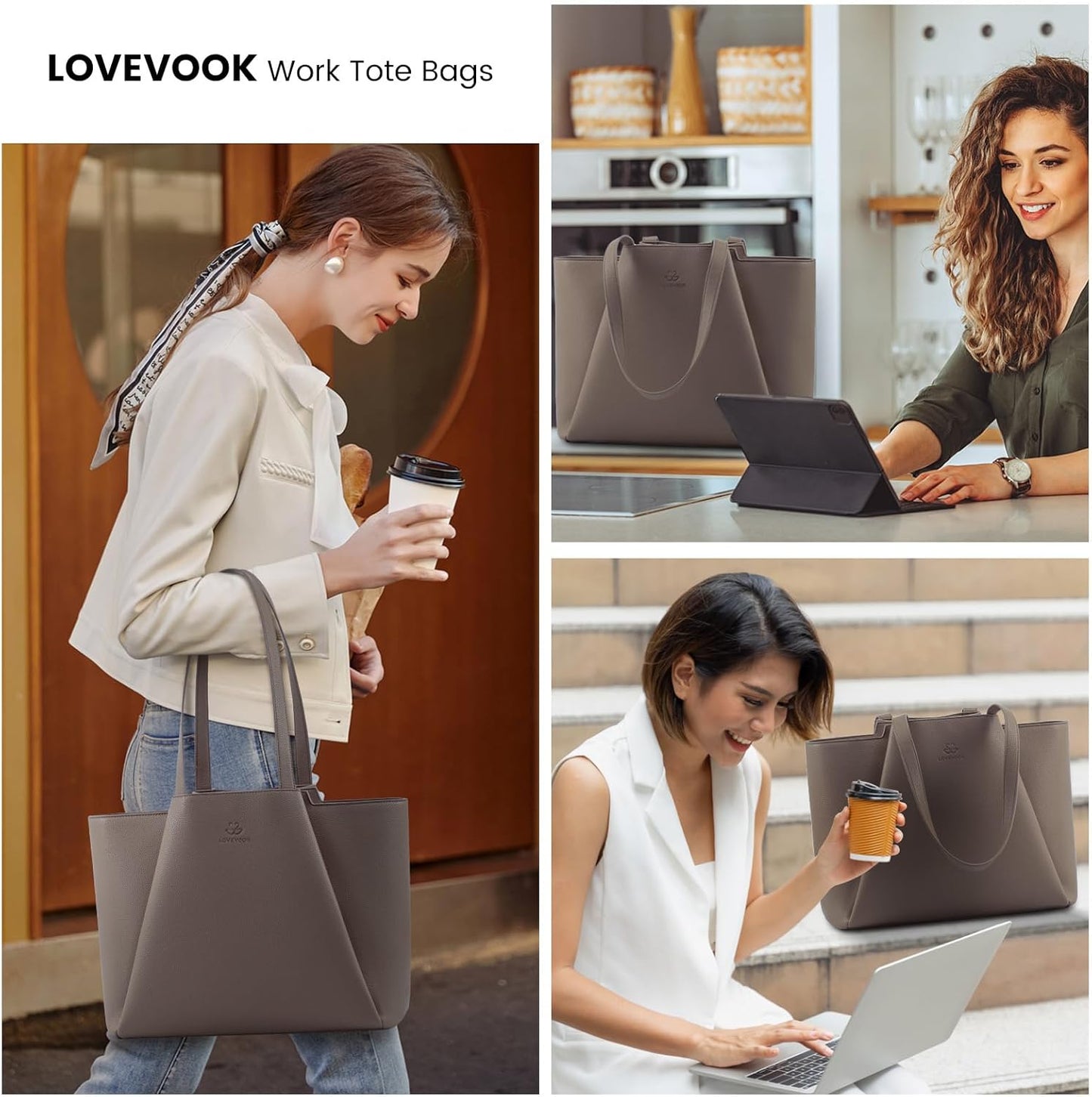 LOVEVOOK Laptop Tote for Women - 15.6 Inch Faux Leather Laptop Bag with Clutch, Large Capacity Office Purse Computer Briefcase for Casual Business Travel,Dark Khaki