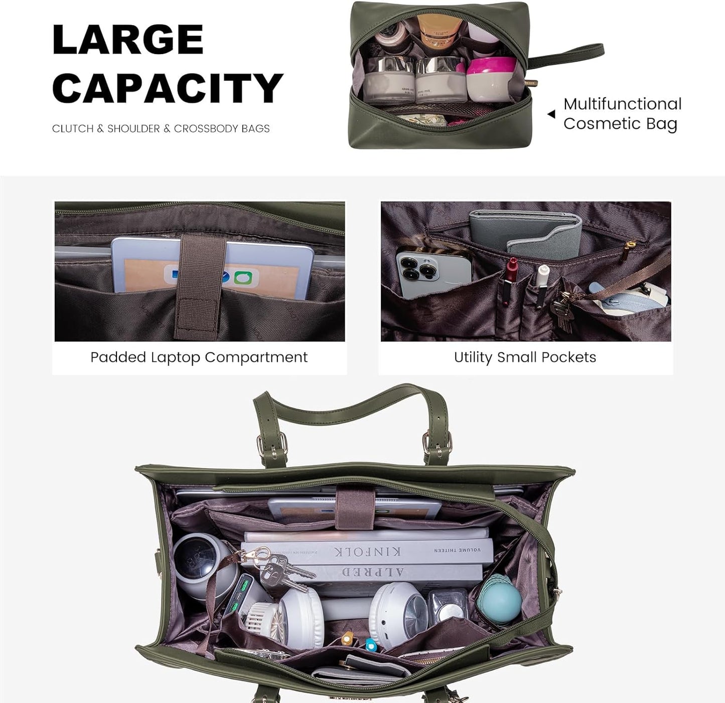 LOVEVOOK Laptop Bag for Women - 15.6 inch Lightweight PU Laptop Tote, Large Capacity Computer Bag with Clutch Purse for Business, Work, Travel, School, Casual (Olive Green, 15.6 Inch)
