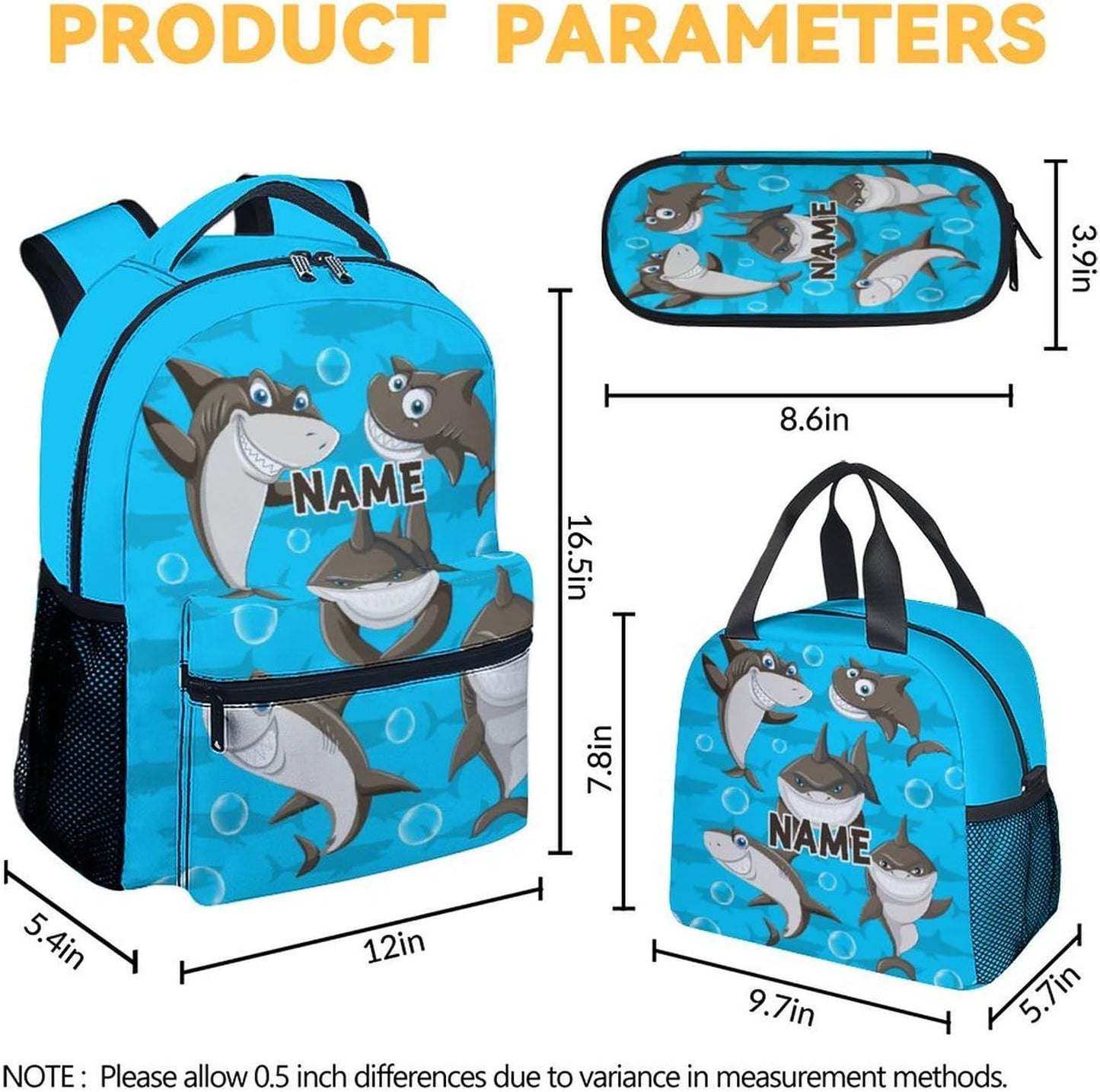 Custom Shark Backpack with Lunch Box, Set of 3 School Backpacks Matching Combo, Funny Blue Bookbag and Pencil Case Bundle