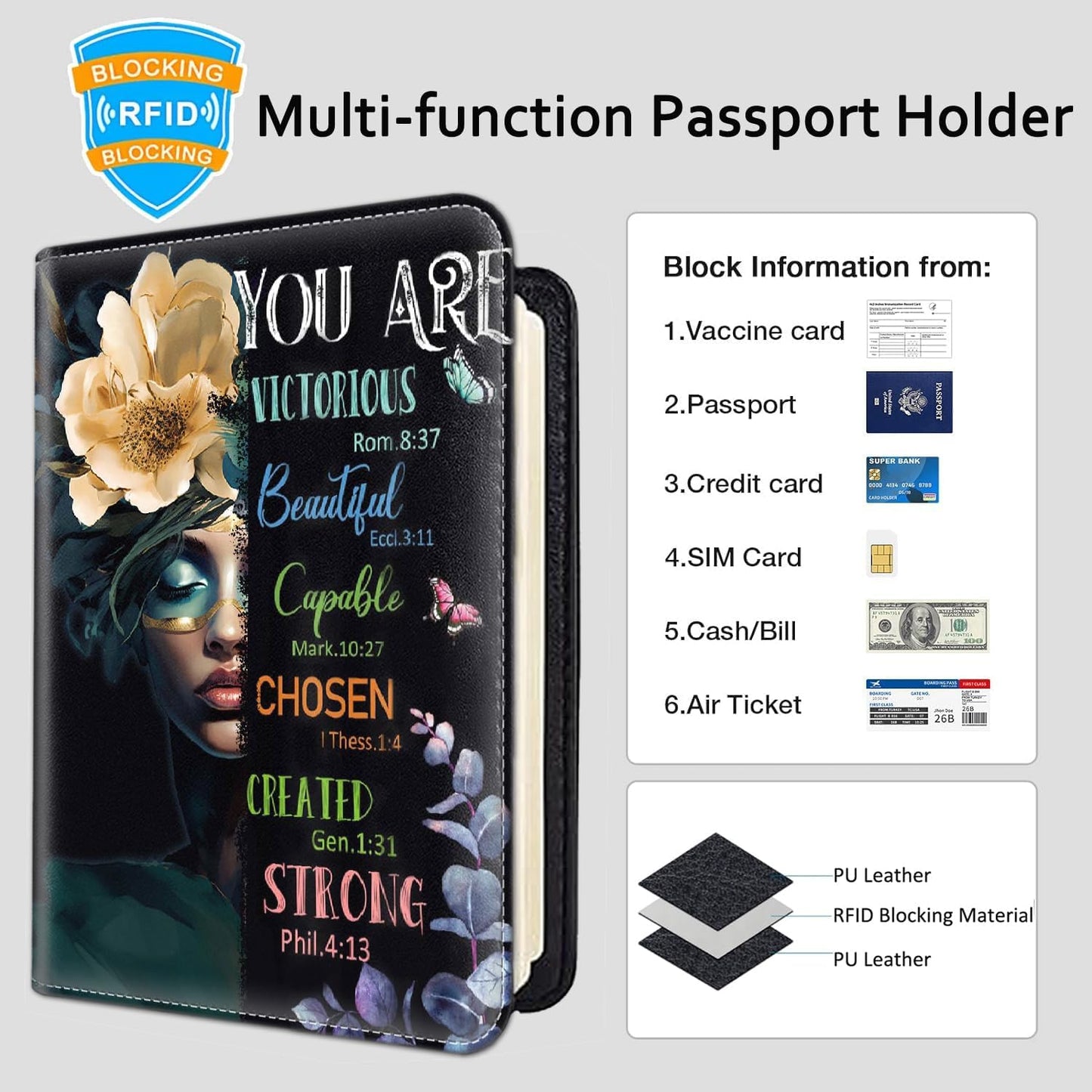 Passport Holder Women Wallet with Luggage Tag, Leather Passport Cover with RFID Blocking, Travel Accessories Multi Card Slot Passport Case for Men，African Girl Inspirational Quotes Flowers