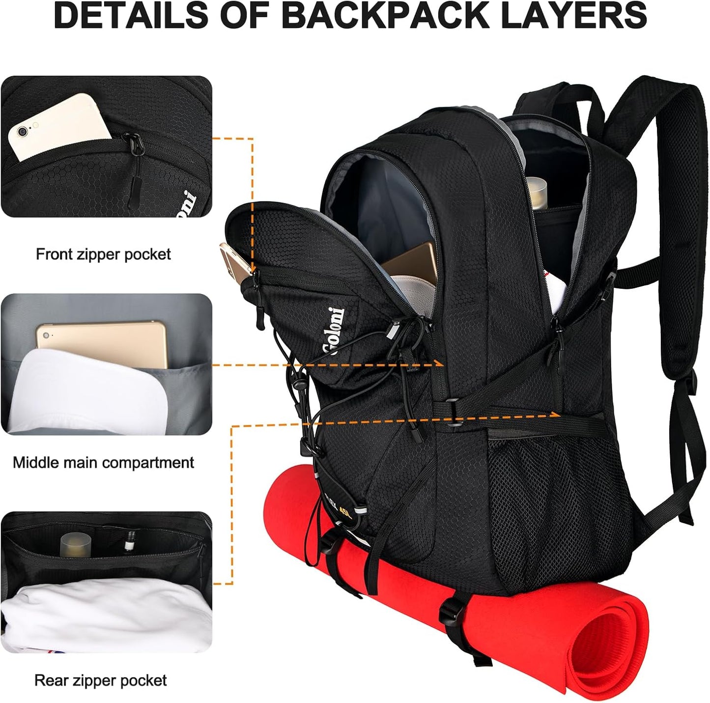 45L Hiking Backpack with Rain Cover, Lightweight Foldable Camping Backpack for Trekking, Water-Resistant Daypack with Hiking Pole & Mat Carrying System,Black
