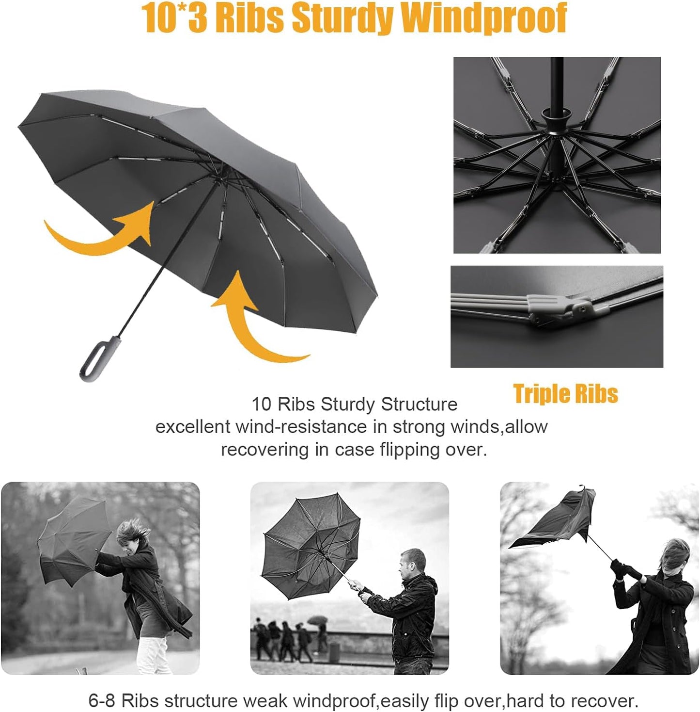 Travel Folding Golf Umbrella 10 Ribs Automatic Open/Close,Lightweight Compact Portable Backpack Car Parasol Outdoor,Sun/Rain,Anti 99 UV Protection UPF 50,Men Women Carabiner Handle Design