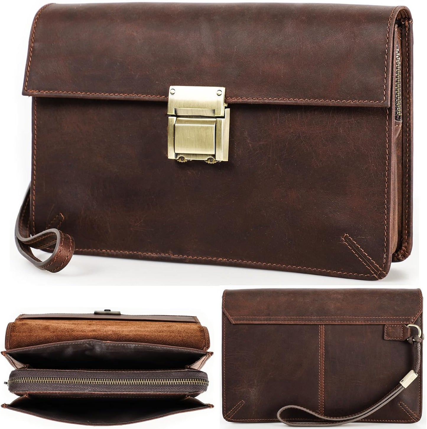 Top Grain Genuine Leather Handbag Wallet with Wristlet for Man & Woman, Handmade Vintage Design, Combination Lock & Multi Pockets/Slots, RFID Large Capacity for Card/Check/Banknote/Passport, Red Brown