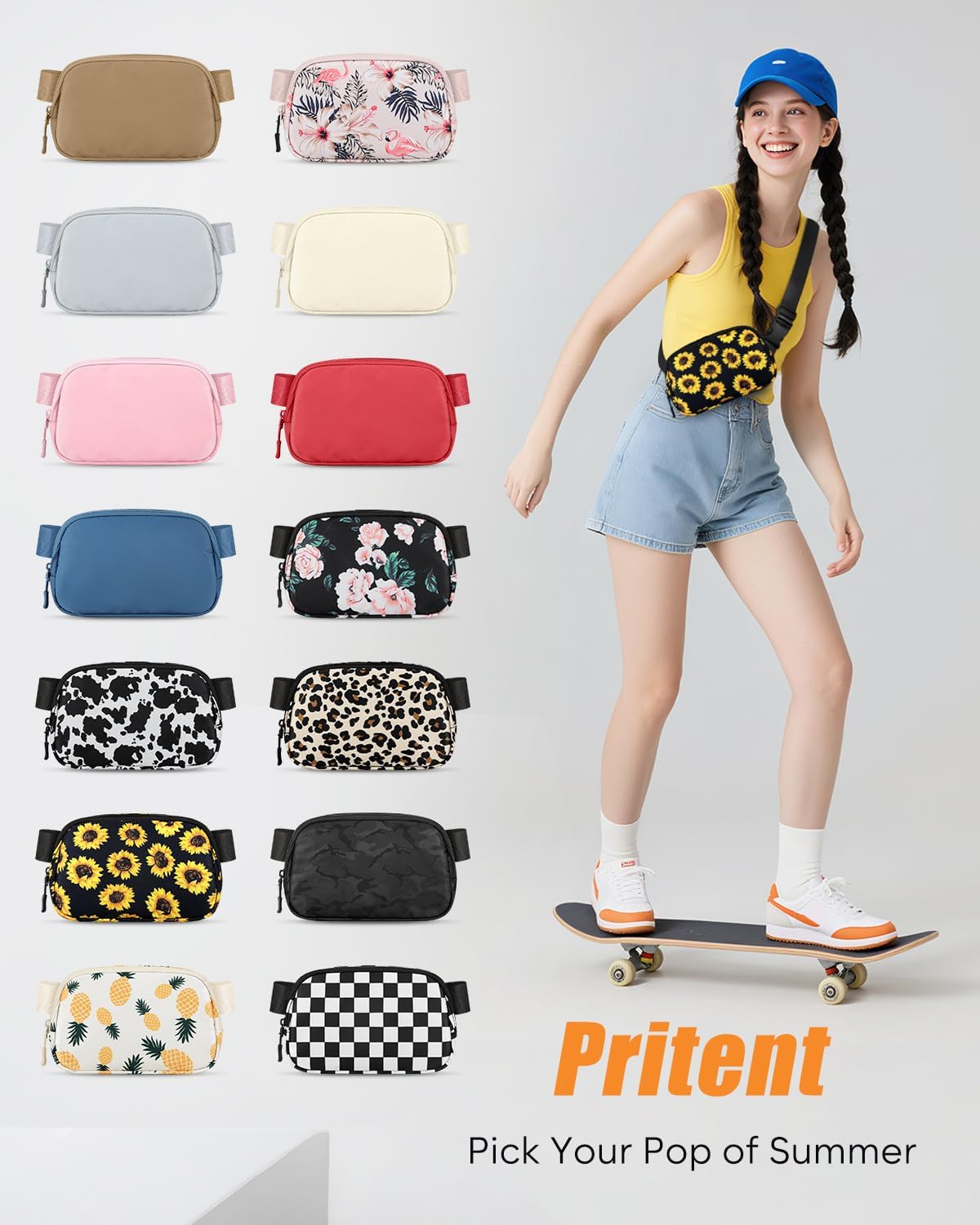 Fanny Packs for Women Cross Body Bag Waterproof Belt Bag with Adjustable Strap and Zipper Back Pocket Small Crossbody Bags Fashion Waist Packs for Workout Travelling(Sunflower)