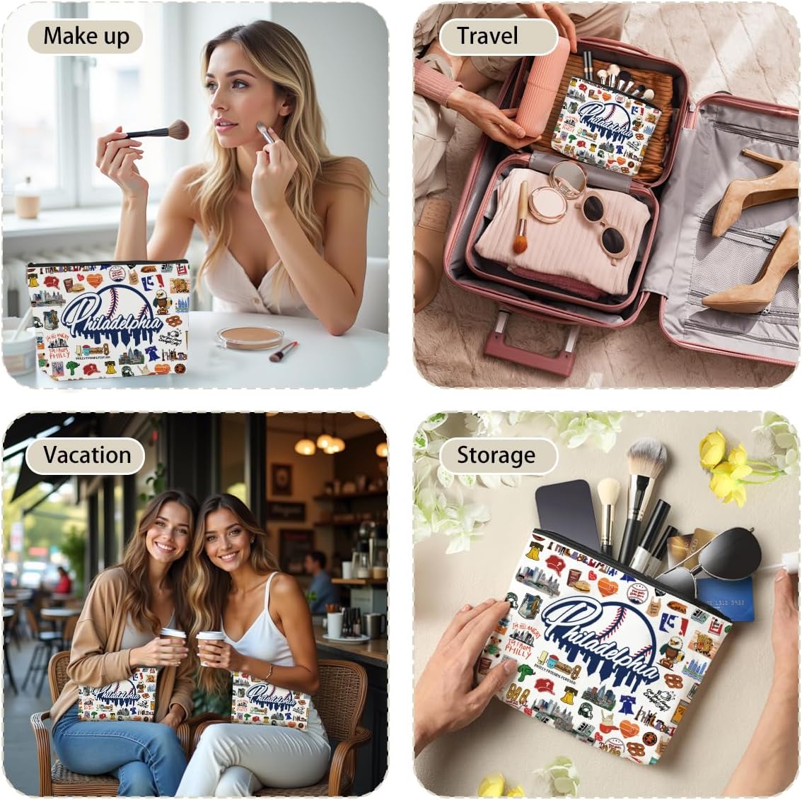 4PCS Philadelphia Themed Makeup Bag - Philadelphia Souvenirs Gift for Women, Best Friend, Sister - Travel Friendly Cosmetic Bag, Birthday Christmas Gifts