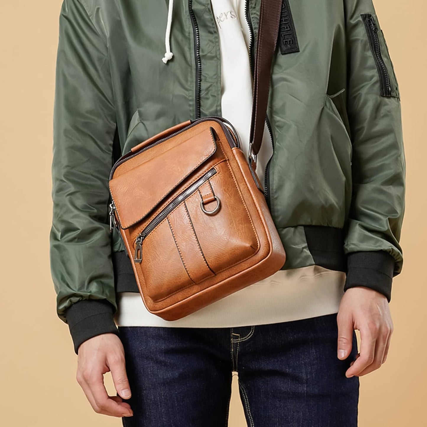 Vintage Genuine Leather Crossbody Bag for Men – Small Shoulder Satchel Handbag for Daily Use