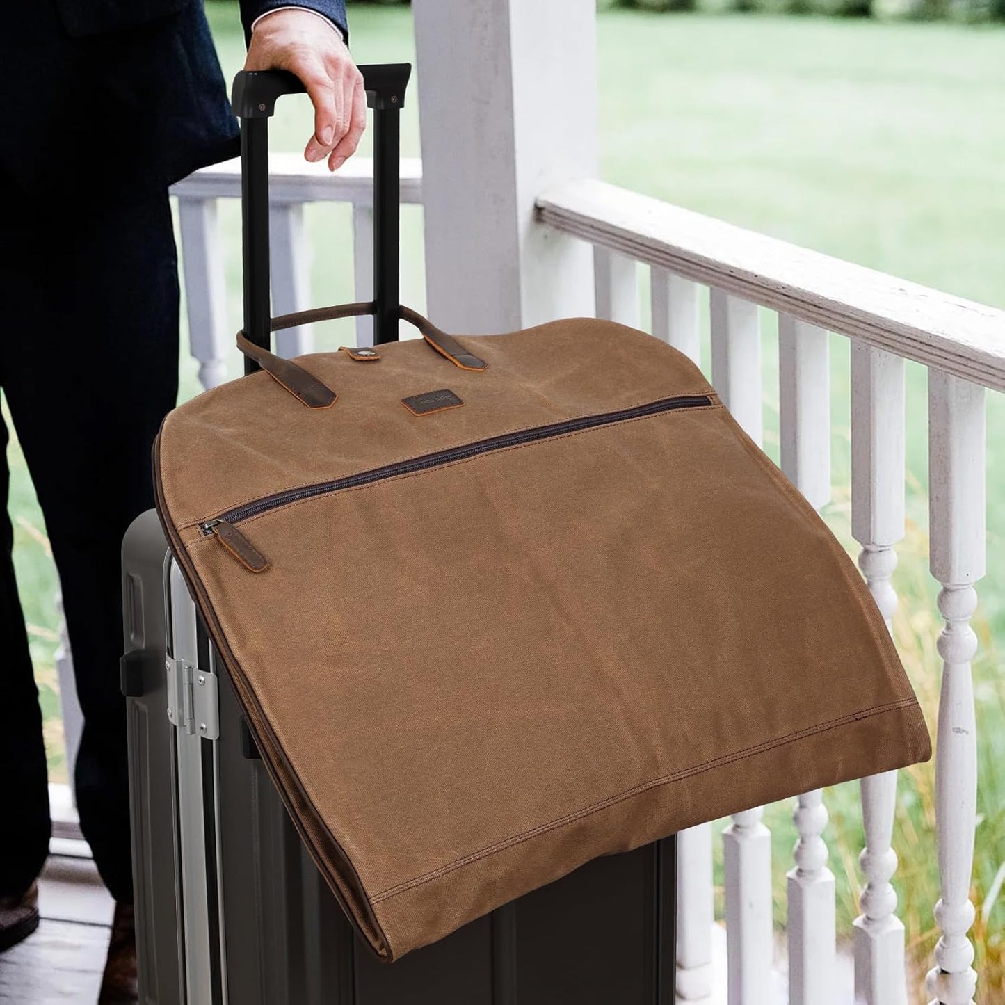 Polare 43” Waxed Canvas Full Grain Leather Trim Carry On Garment Bag for Travel, Waterproof Dust-Proof Foldable Hanging Suitcase Weekender Garment Cover with YKK Zipper