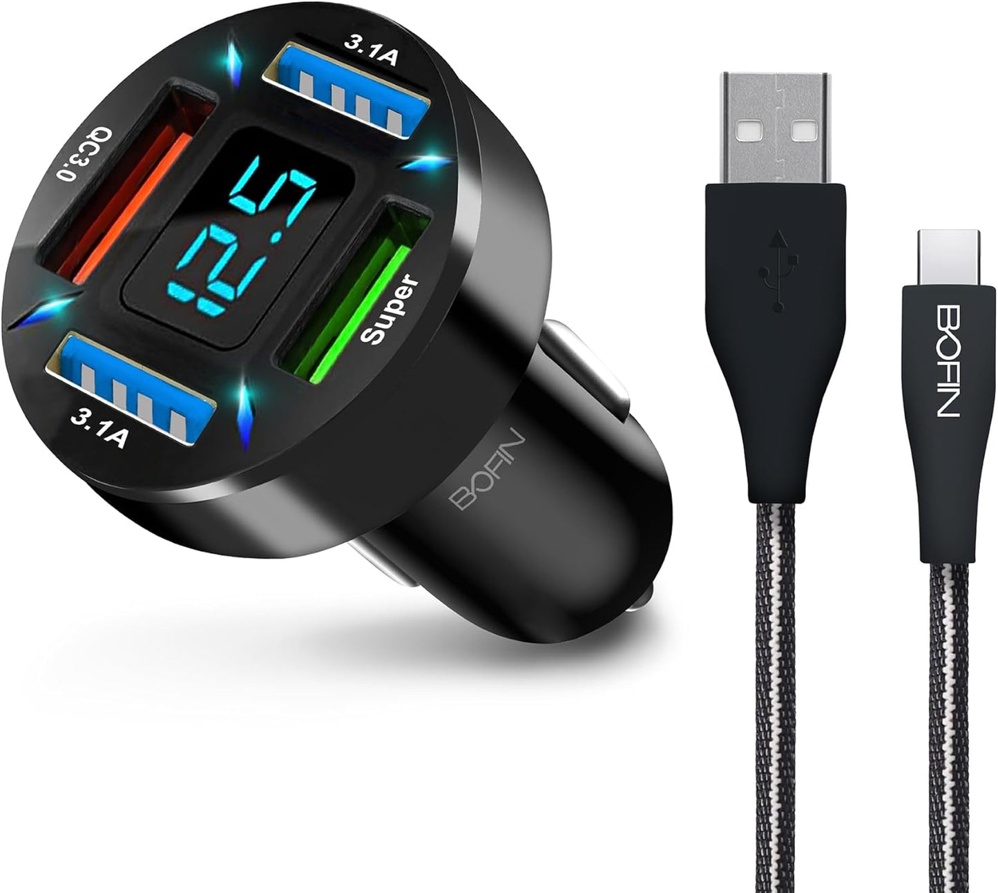31W 4-Port Cigarette Lighter Car Charger with Fast Charging with 3FT USB-ATO USB-C Cable, 4in1 Cigarette Lighter Car Charger Compatible with iPhone 15/16, iPad Pro, Galaxy S24/23 and More