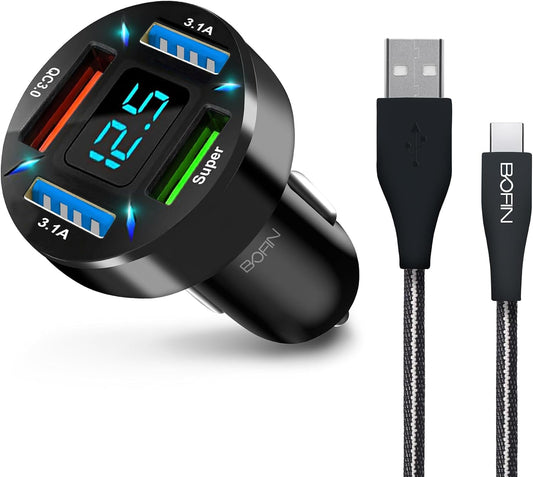 31W 4-Port Cigarette Lighter Car Charger with Fast Charging with 3FT USB-ATO USB-C Cable, 4in1 Cigarette Lighter Car Charger Compatible with iPhone 15/16, iPad Pro, Galaxy S24/23 and More