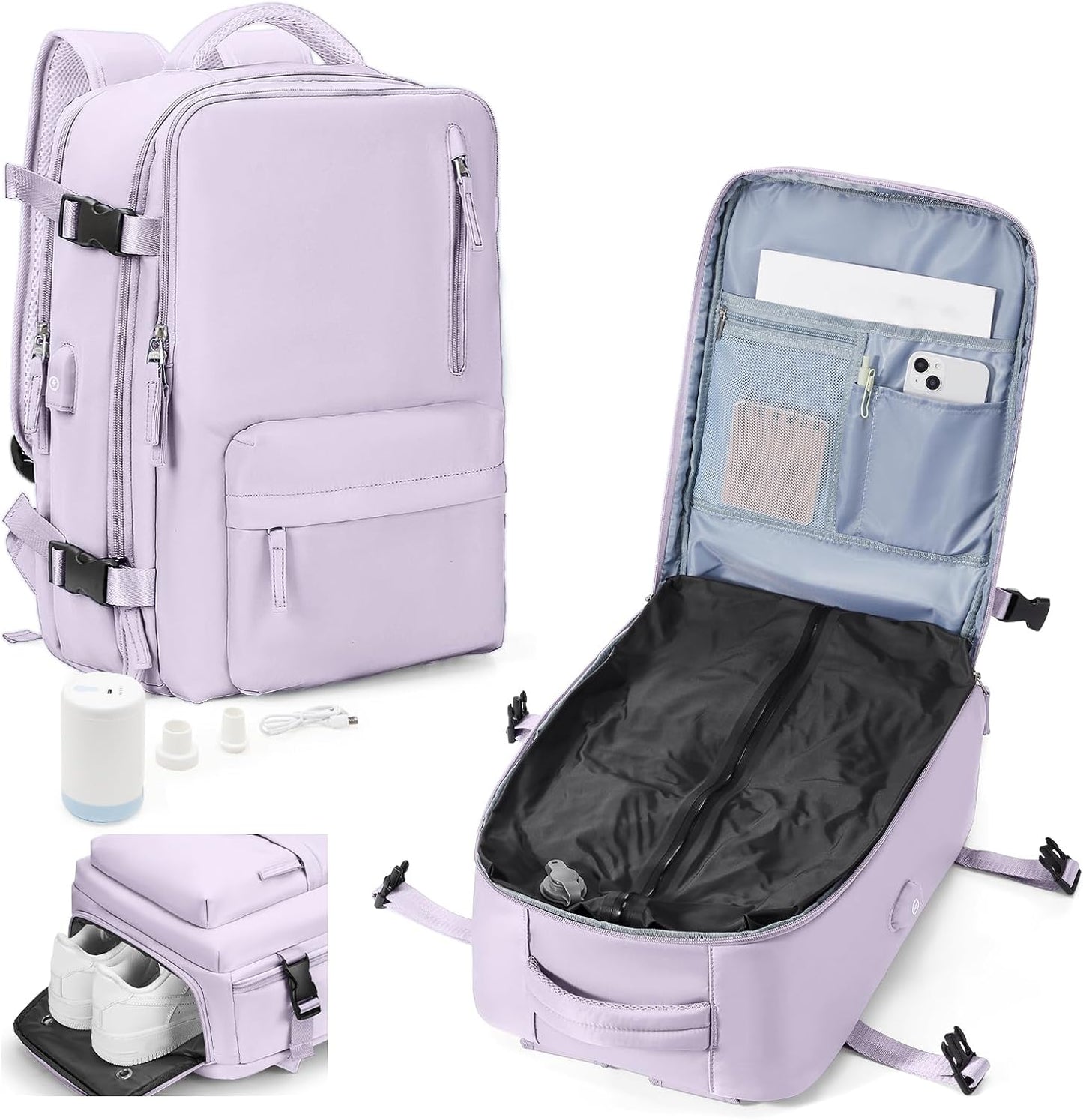 Vacuum Backpack Travel with Pump,Personal Item Travel Bag 18x14 x 8 Inches,Travel Backpack with Vacuum System for Women,Water Resistant Business Work Laptop Backpack,Purple